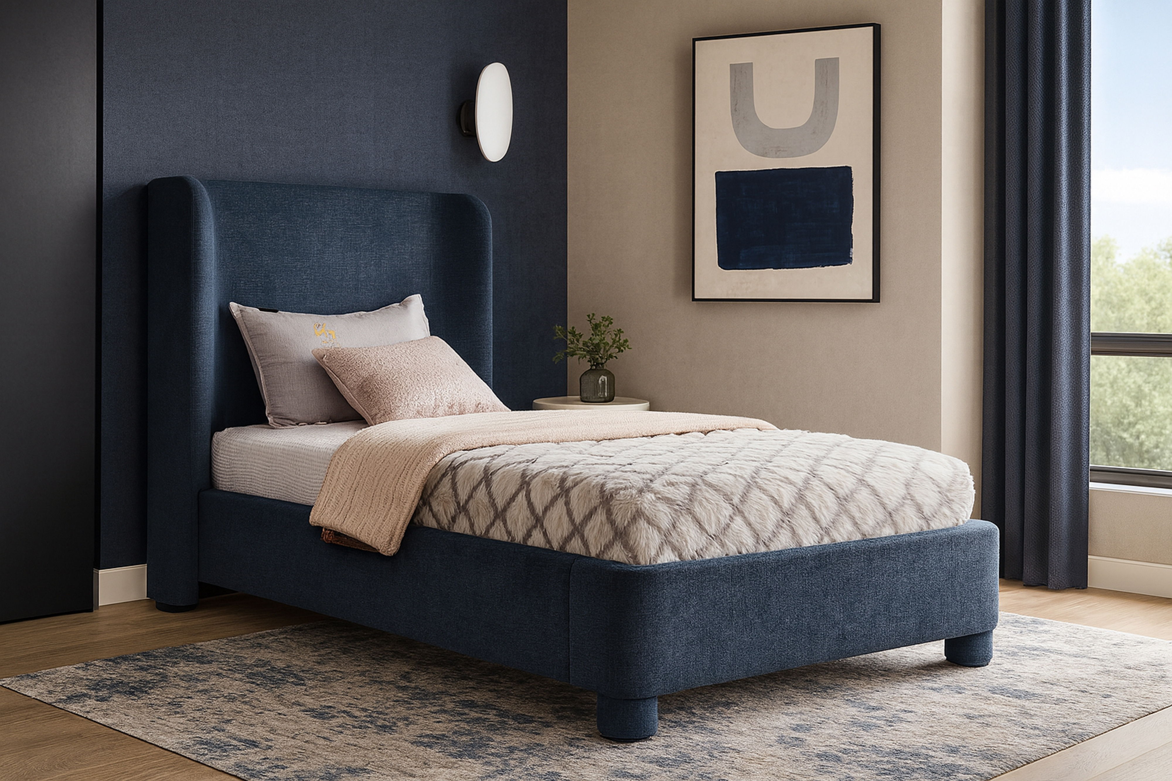 Penny - Chenille Fabric Twin Bed - Navy