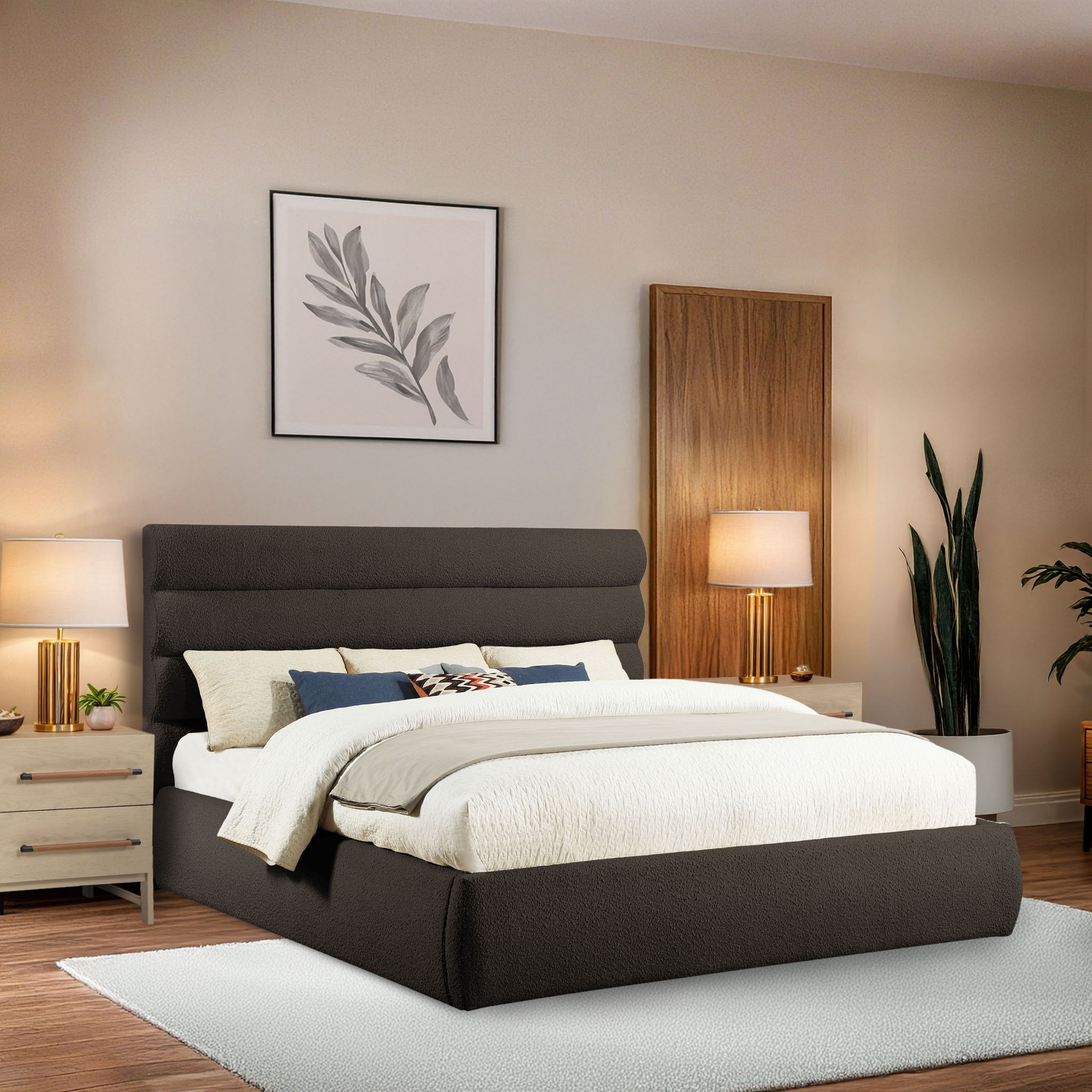 Adam - Boucle Fabric King Bed With 52" Headboard - Dark Brown
