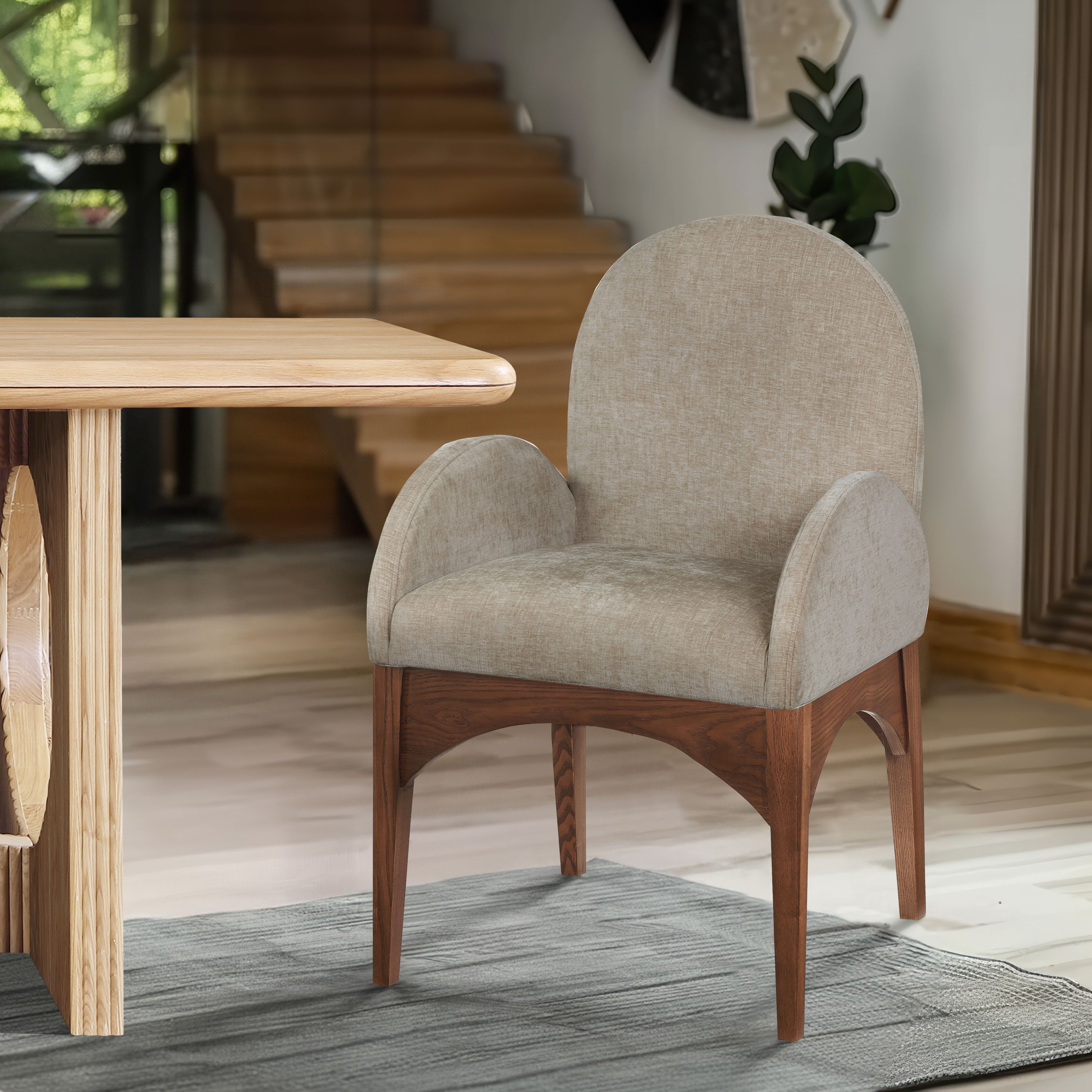 Waldorf - Chenille Dining Arm Chair With Brown Legs - Beige