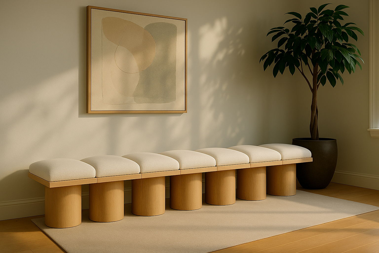 Pavilion - 108.5" 7 Piece Modular Bench With Natural Base - Cream