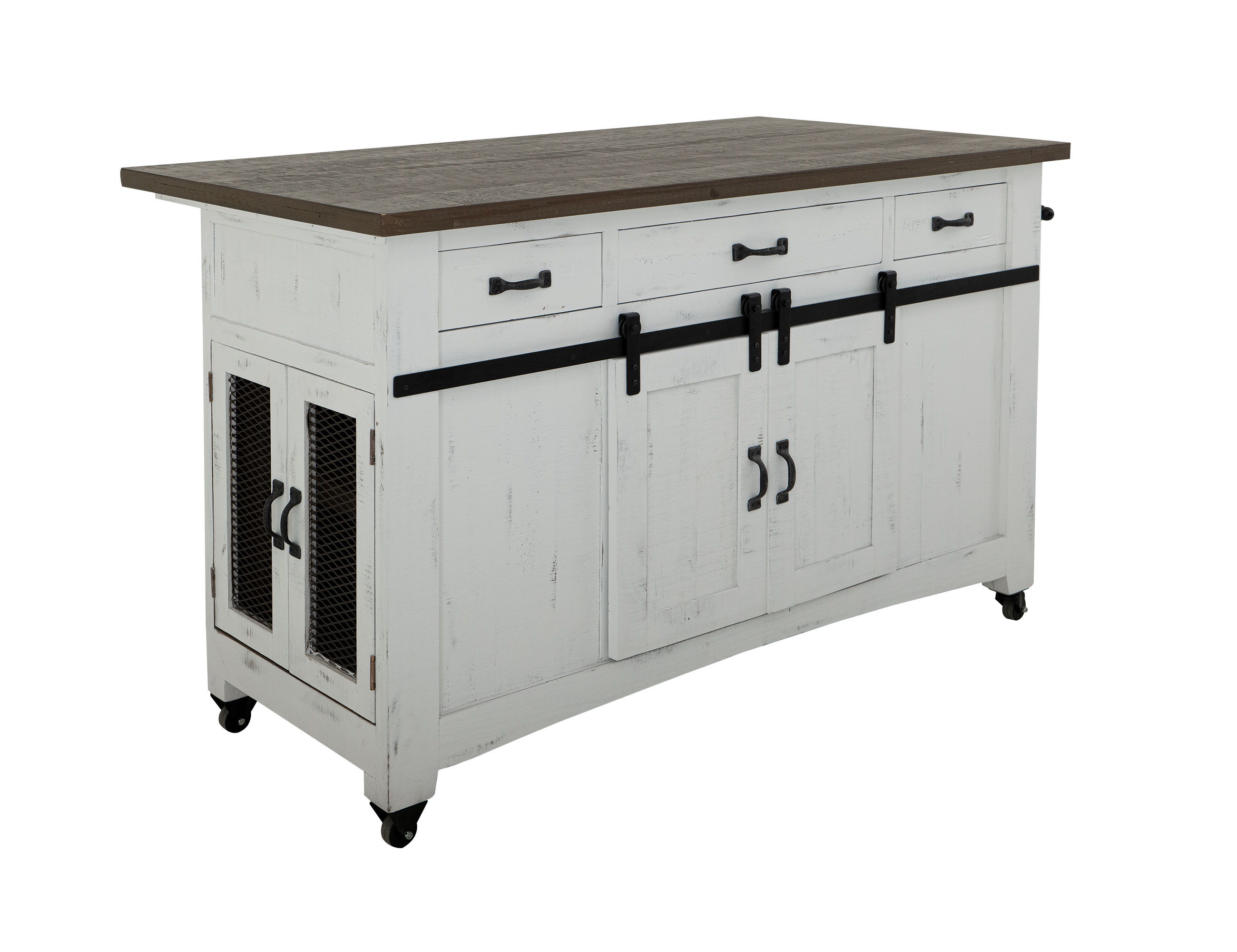 International Furniture Direct Pueblo White - Kitchen Island With 3 Drawer / 2 Sliding Doors / 2 Mesh Doors - Antiqued White / Brown