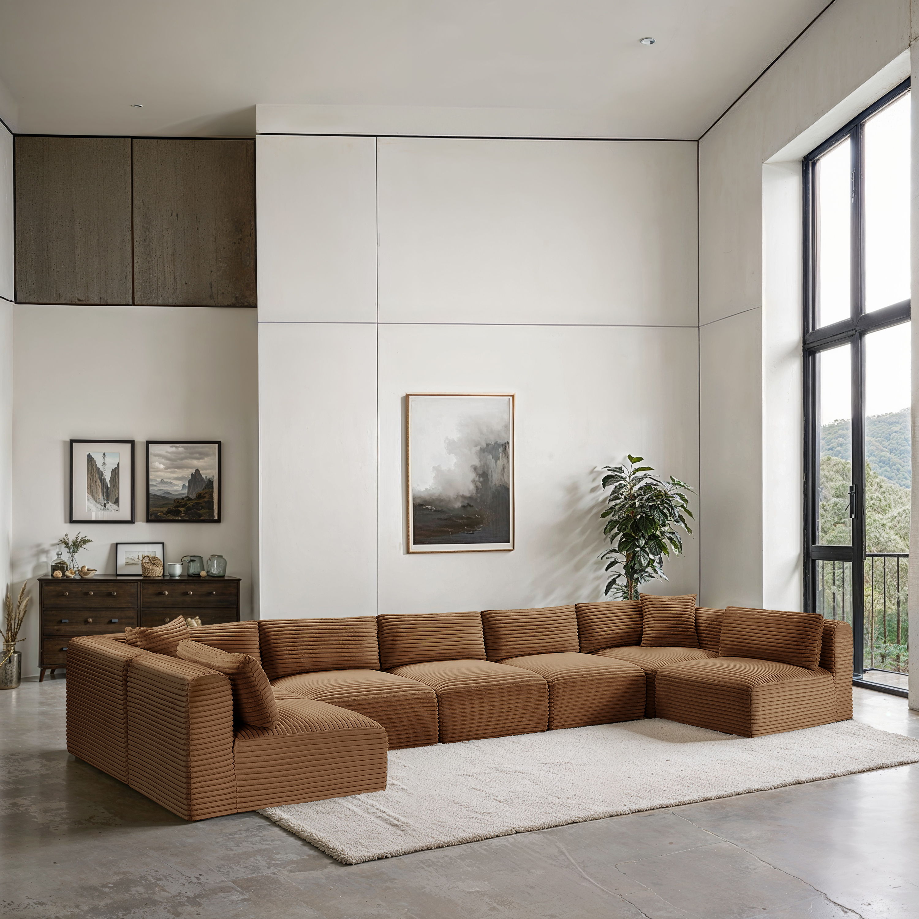 Shaggy - 7 Piece Modular U-Shaped Armless Sectional - Saddle