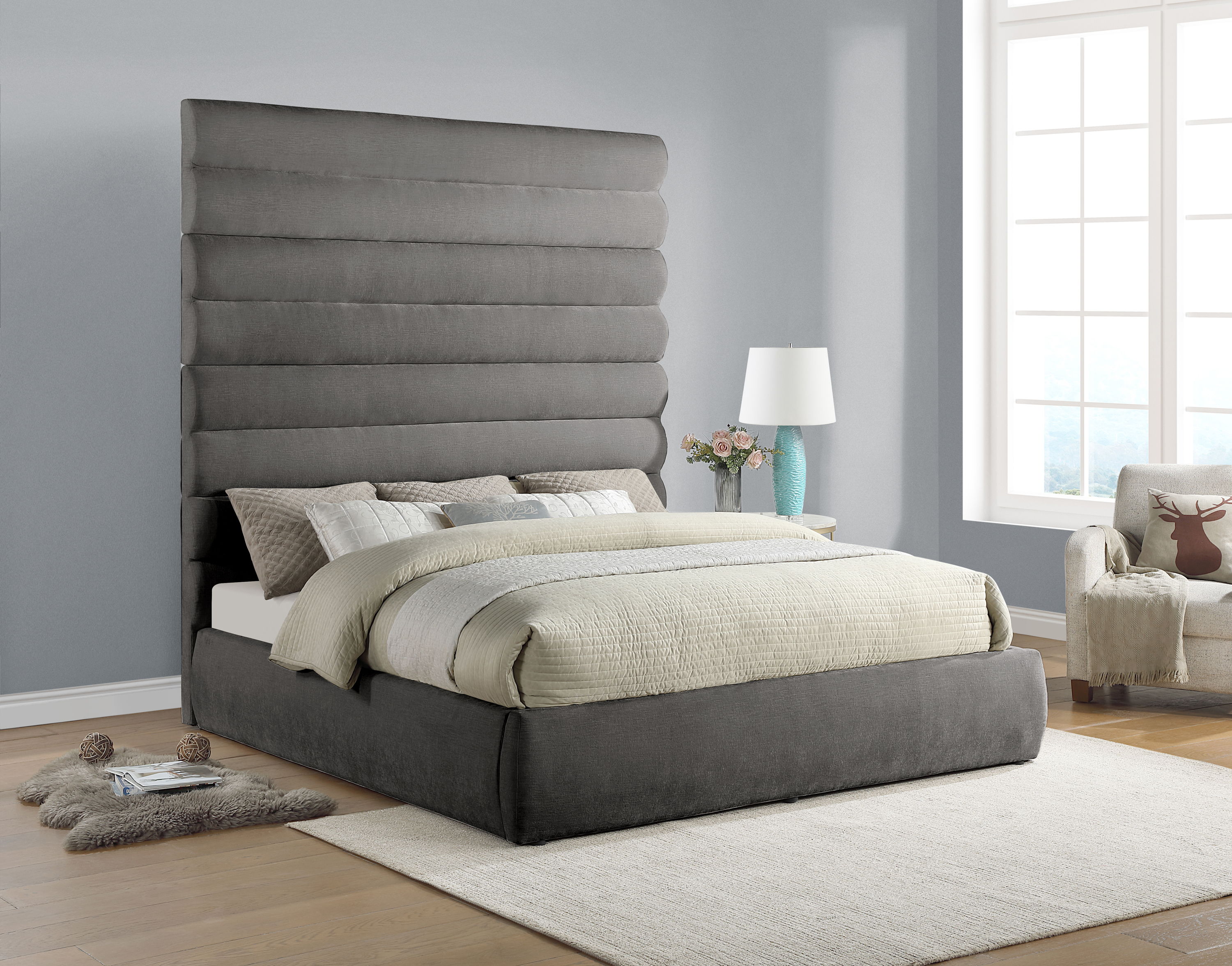 Adam - Chenille Fabric King Bed With 89" Headboard - Gray