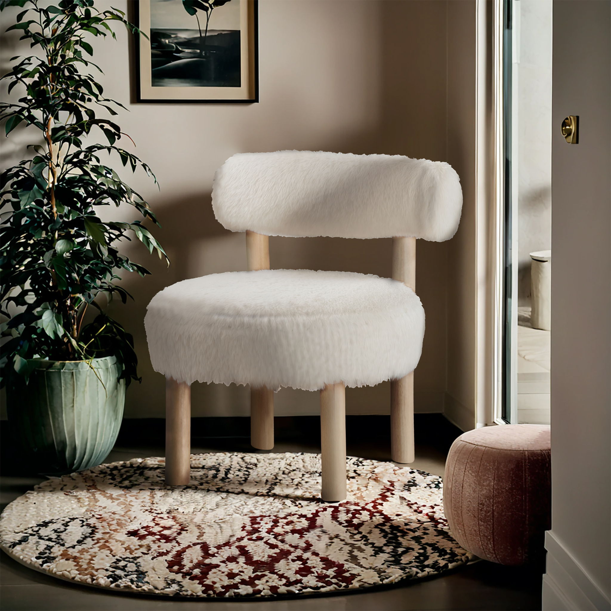 Ambre - Vegan Shearling Fabric Accent Chair - Cream