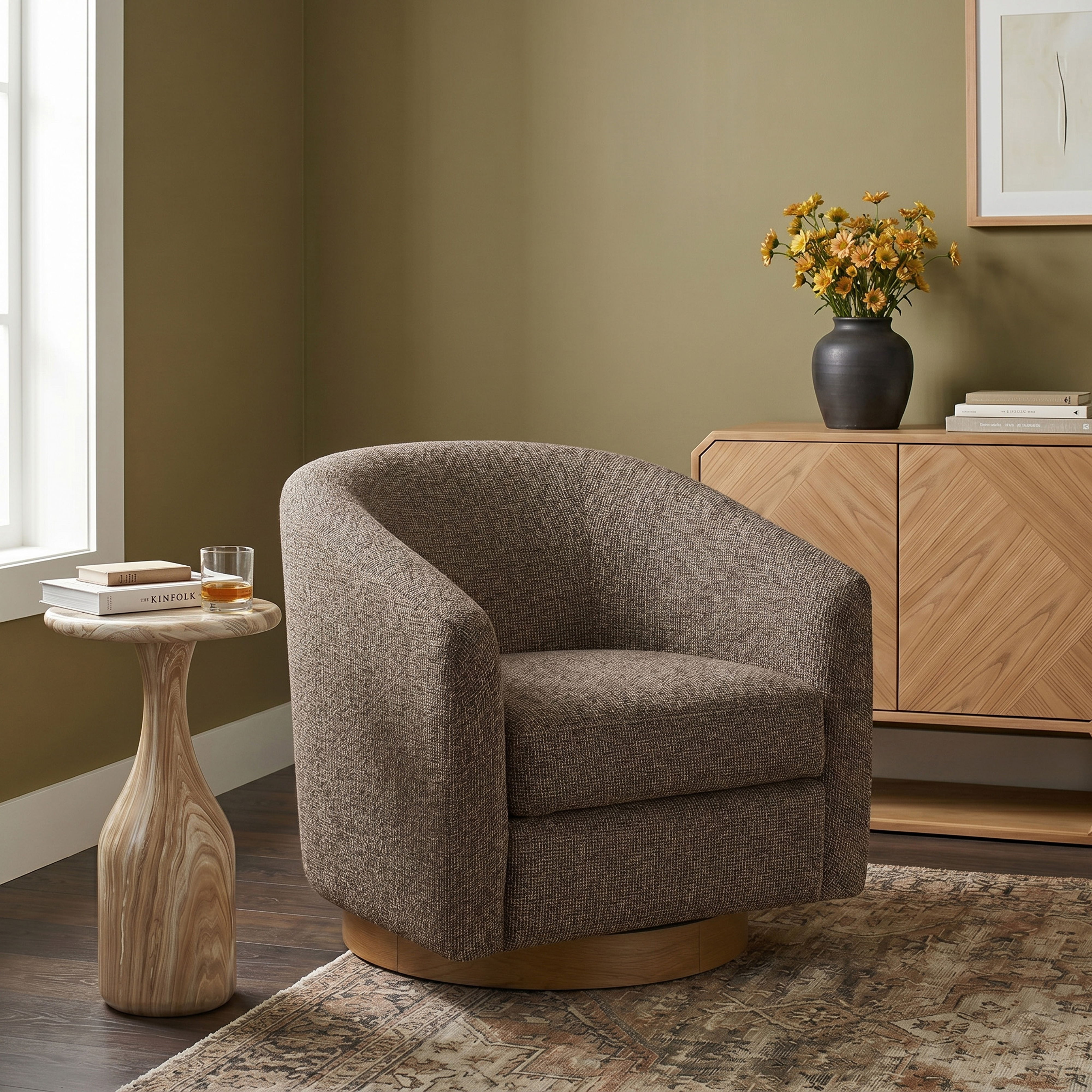 Modra - Performance Fabric Upholstered Swivel Accent Chair - Brown