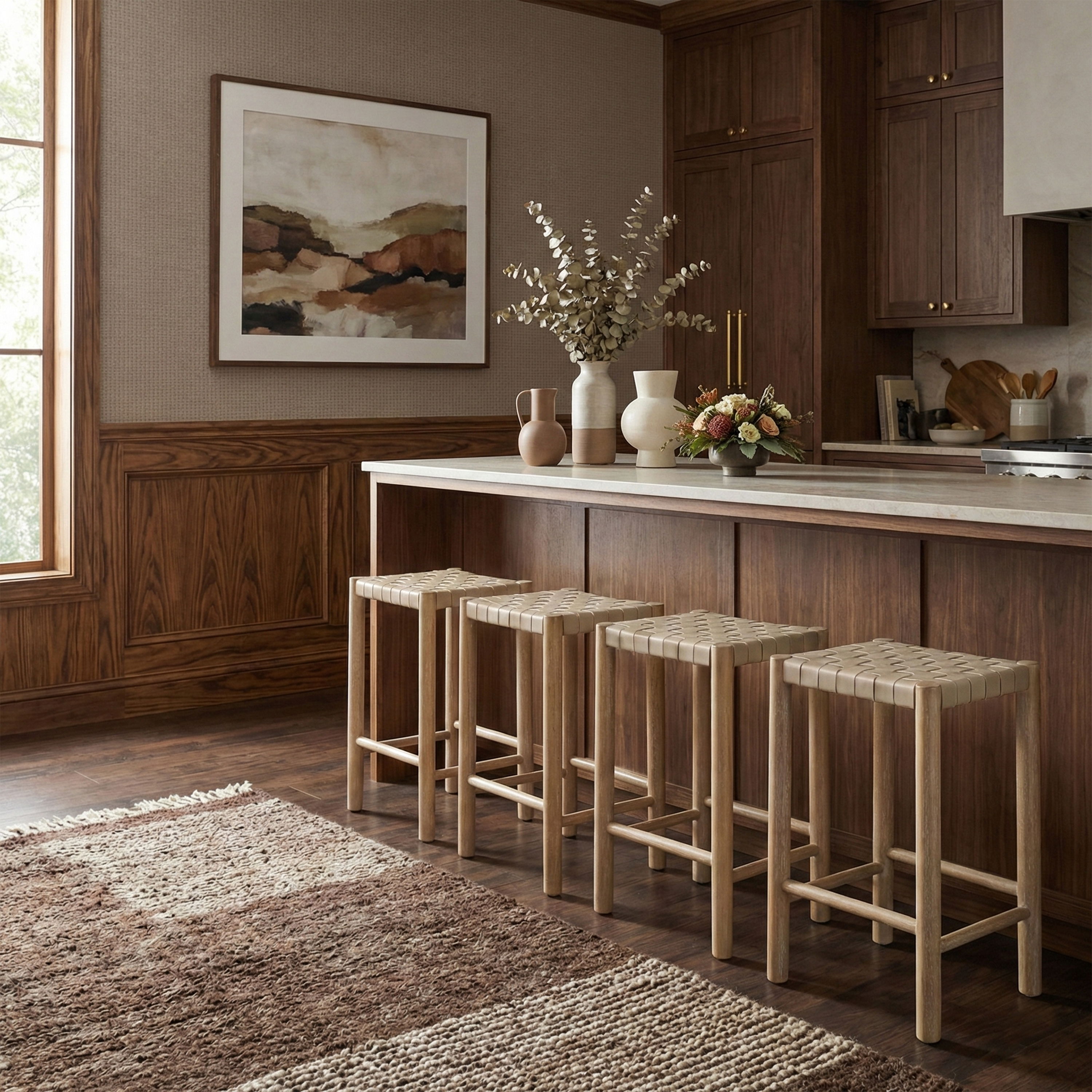 Entwine - Vegan Leather Upholstered Backless Counter Stool - Beige / Painted Natural