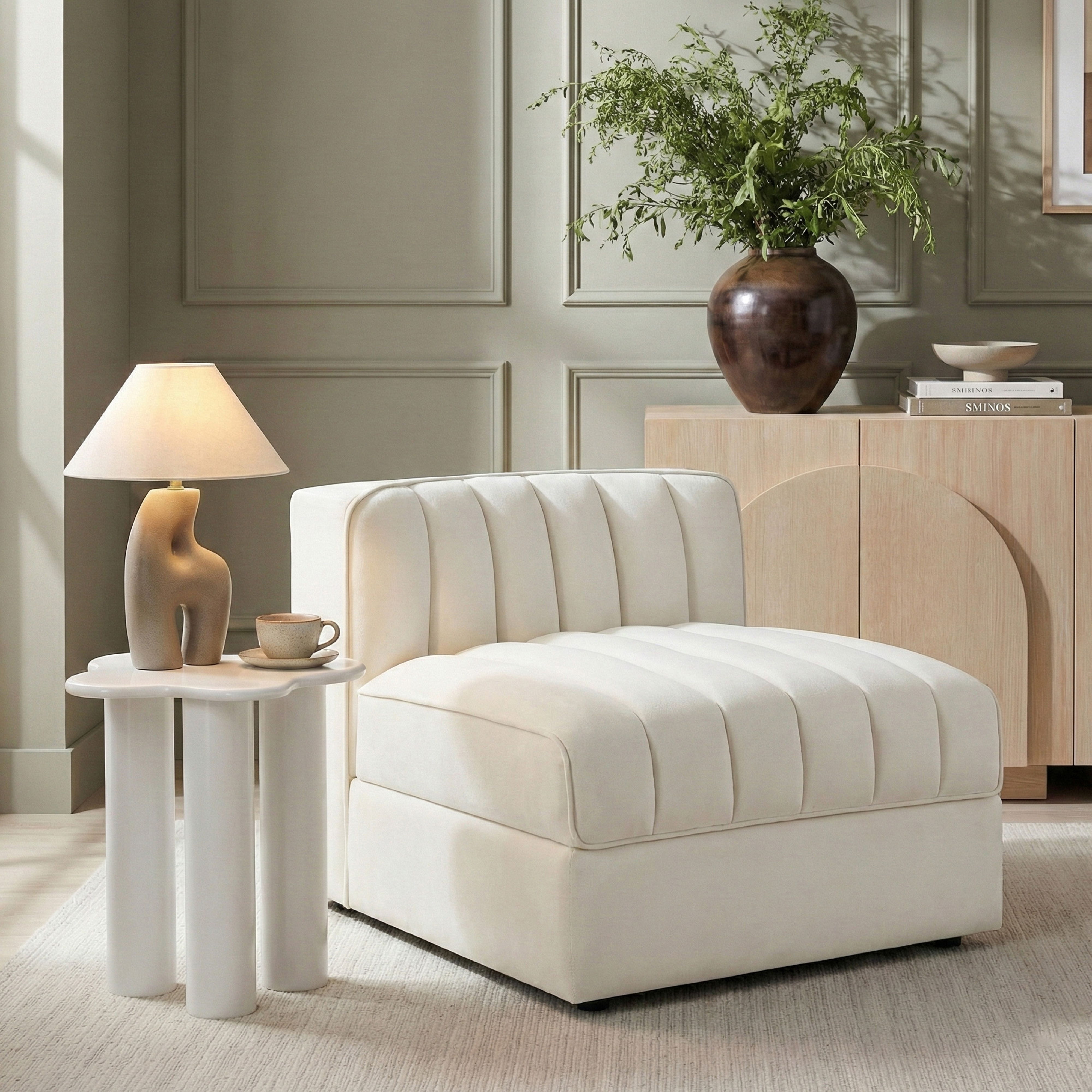 Rummi - Velvet Performance Fabric Upholstered Modular Armless Chair - Cream