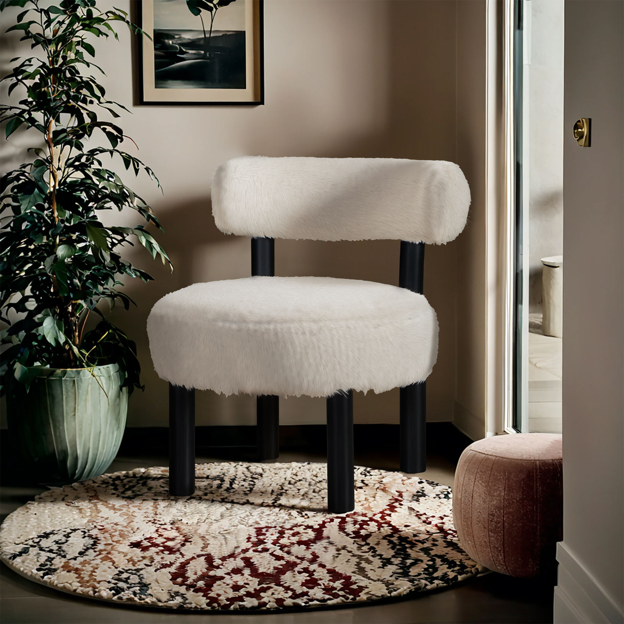 Ambre - Vegan Shearling Fabric Upholstered Accent Chair - Cream