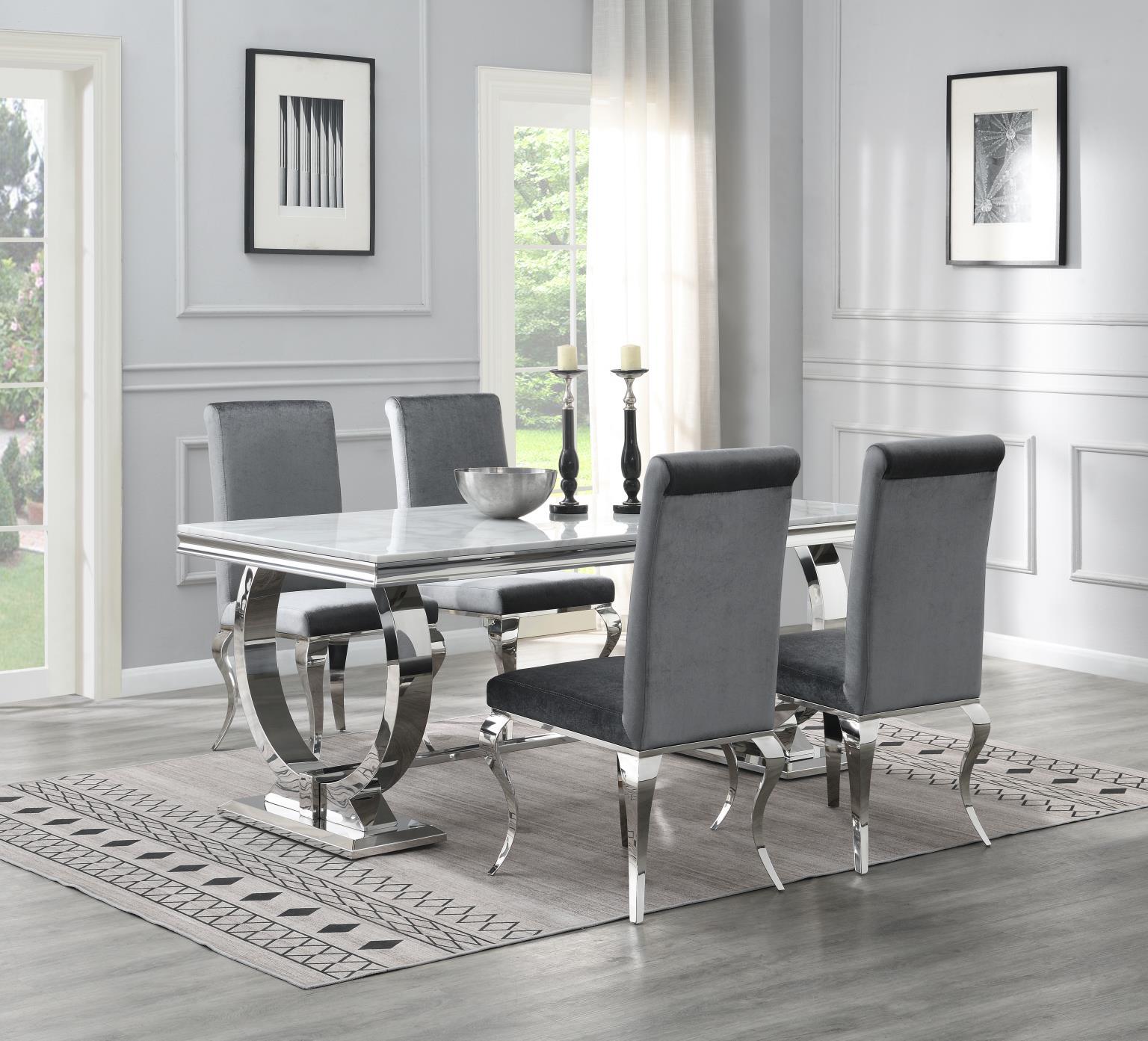 G-082-T-WHITE - 5 Piece Dining Room Set (Table, 4 Velvet Chairs) - White / Gray