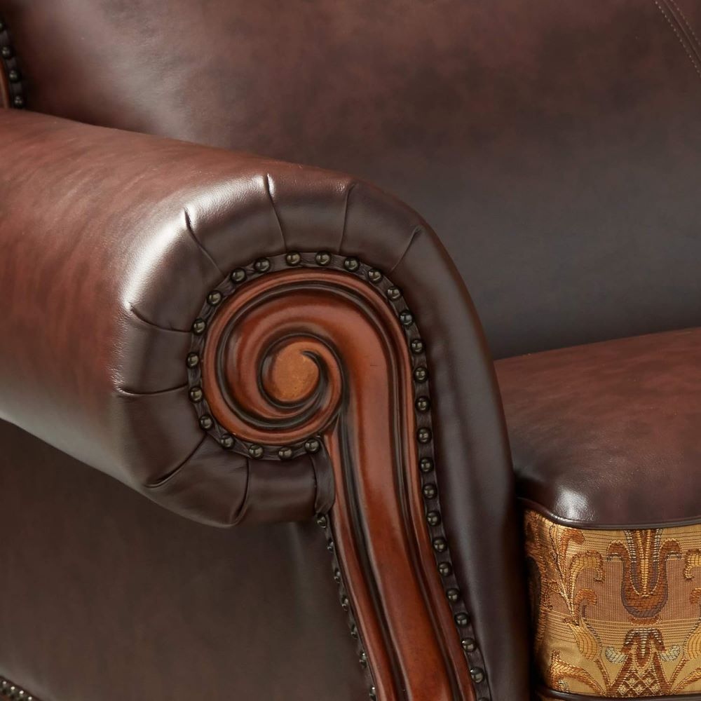 Dresden - Sofa With 3 Pillows - Brown Synthetic Leather & Chenille, Cherry Oak, dark brown, view 3