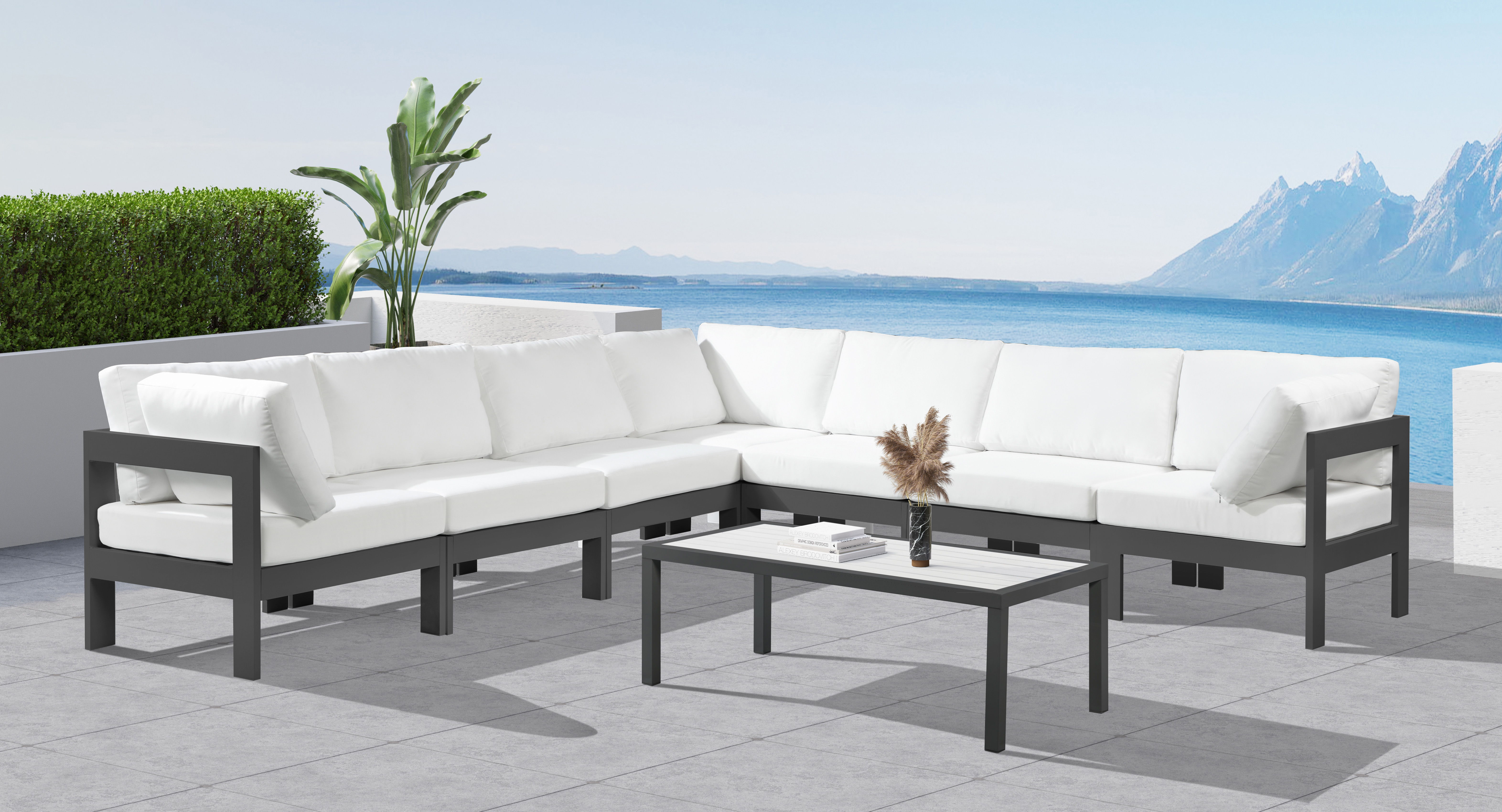Nizuc - Outdoor Patio 7 Piece Modular Corner Sectional With Gray Frame - White