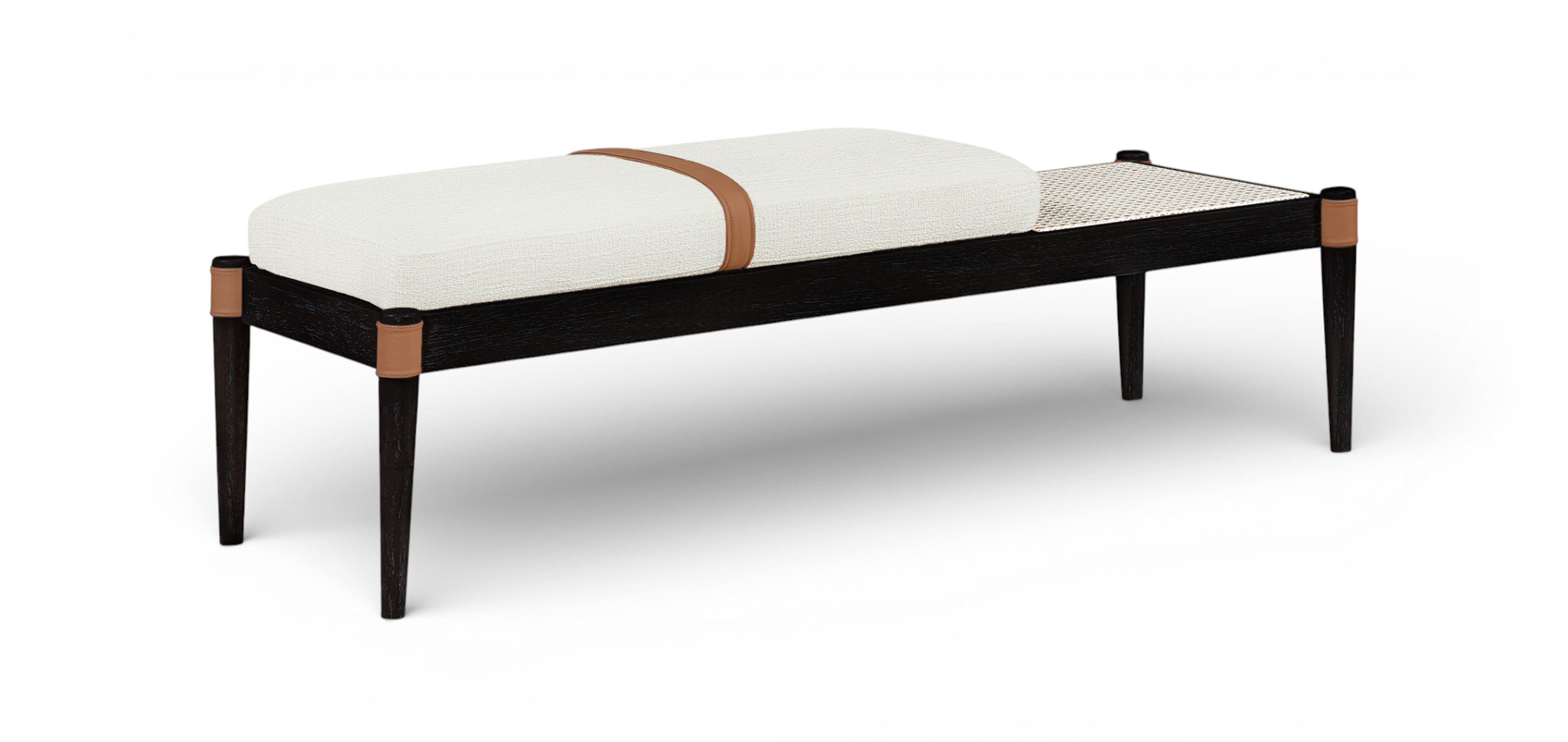 Nara - Linen Textured Fabric Upholstered Bench - Cream / Painted Black