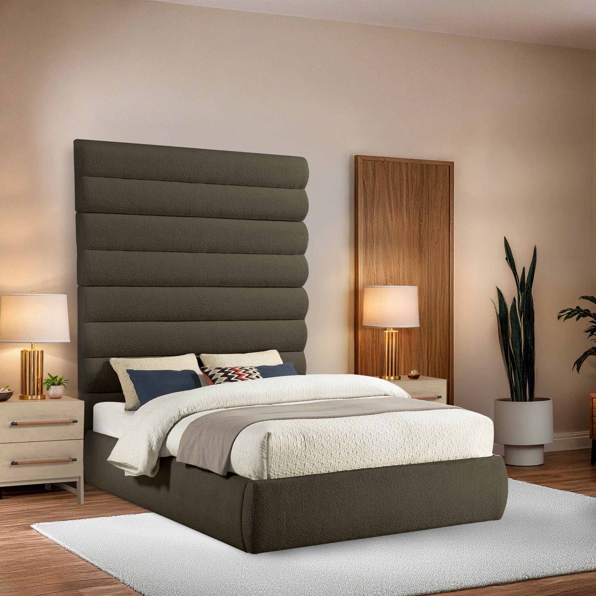 Adam - Boucle Fabric Queen Bed With 89" Headboard - Olive
