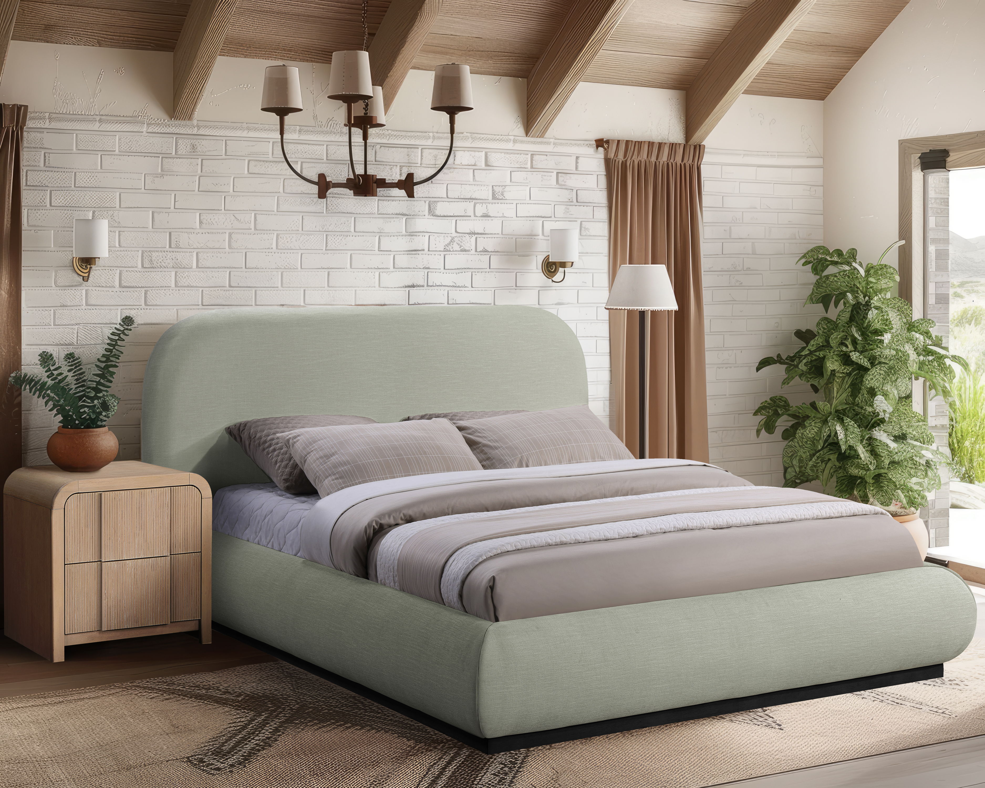 Vaughn - Chenille Queen Bed With Black Base - Mint