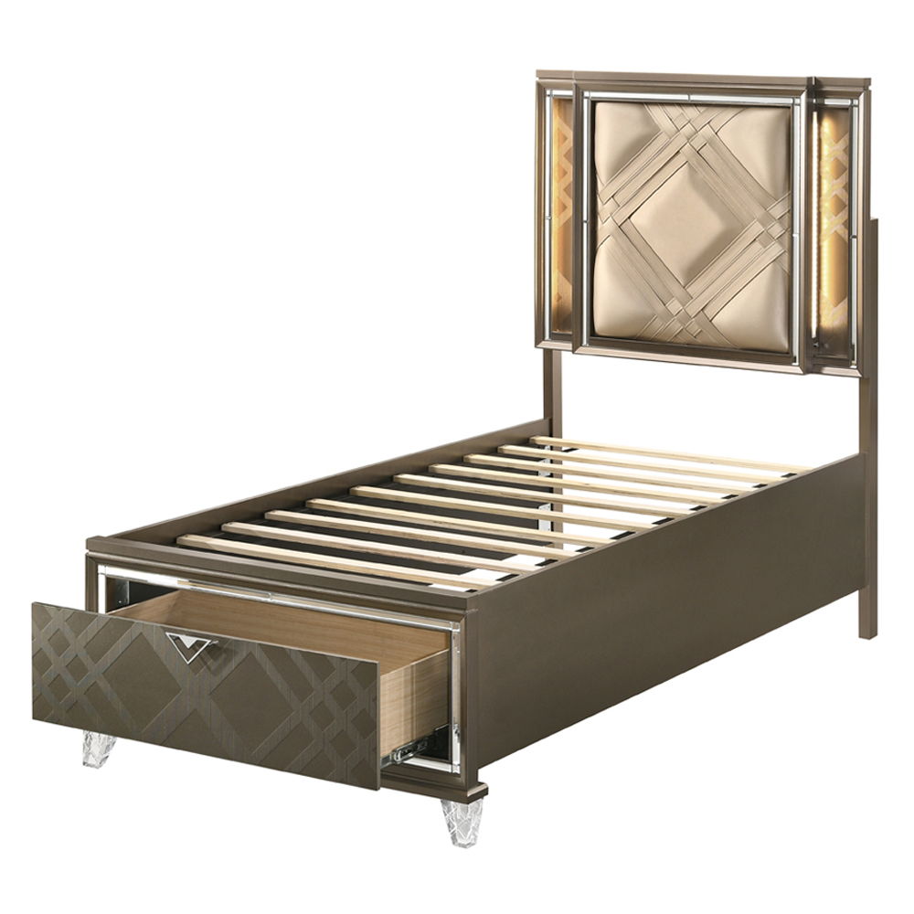 Skylar - Full Bed With LED & Storage - Synthetic Leather & Dark Champagne, dark brown, view 2
