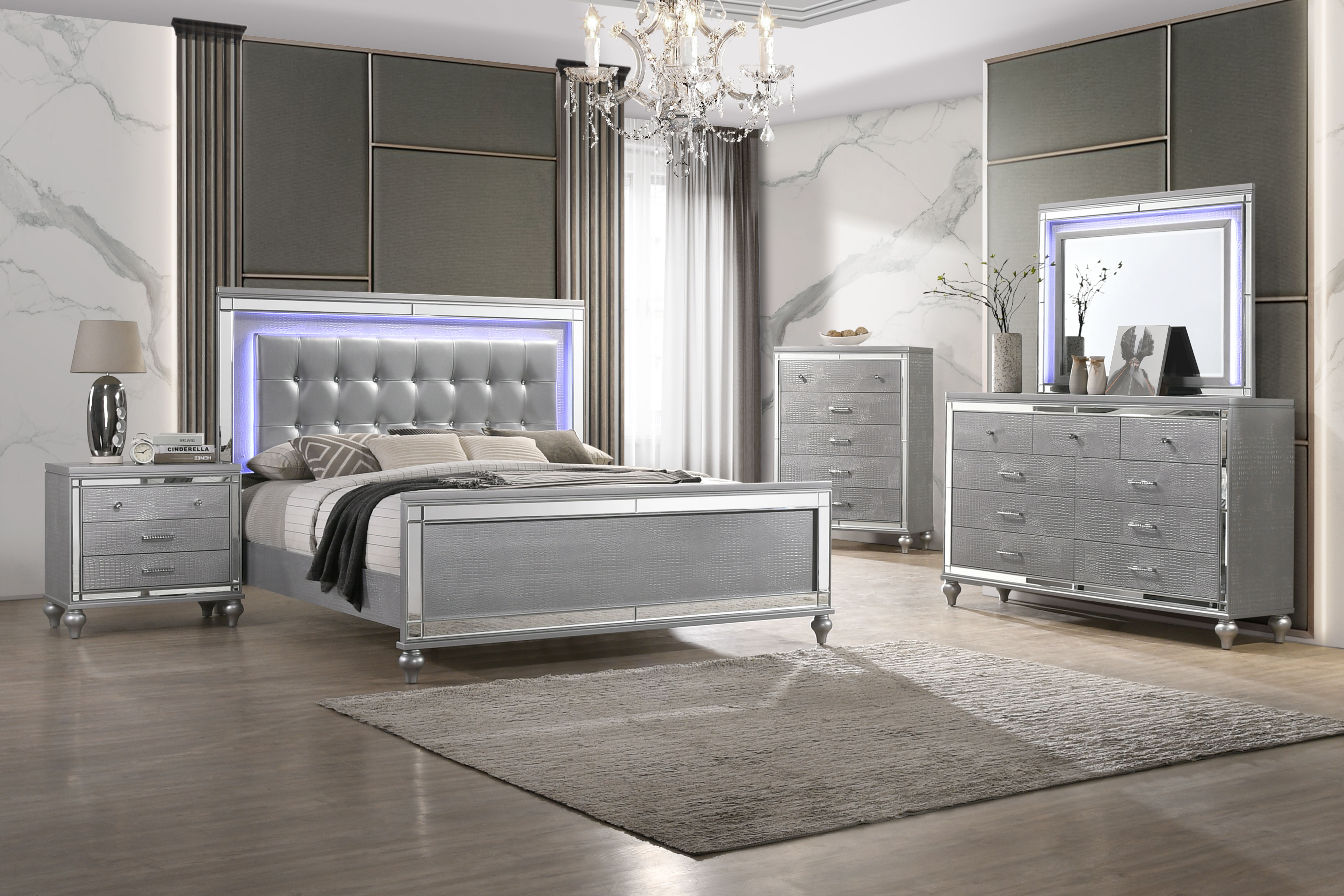 Valentino - Eastern King 5 Piece Bedroom Set (Bed, Dresser, Mirror, Nighstand,Chest) - Silver