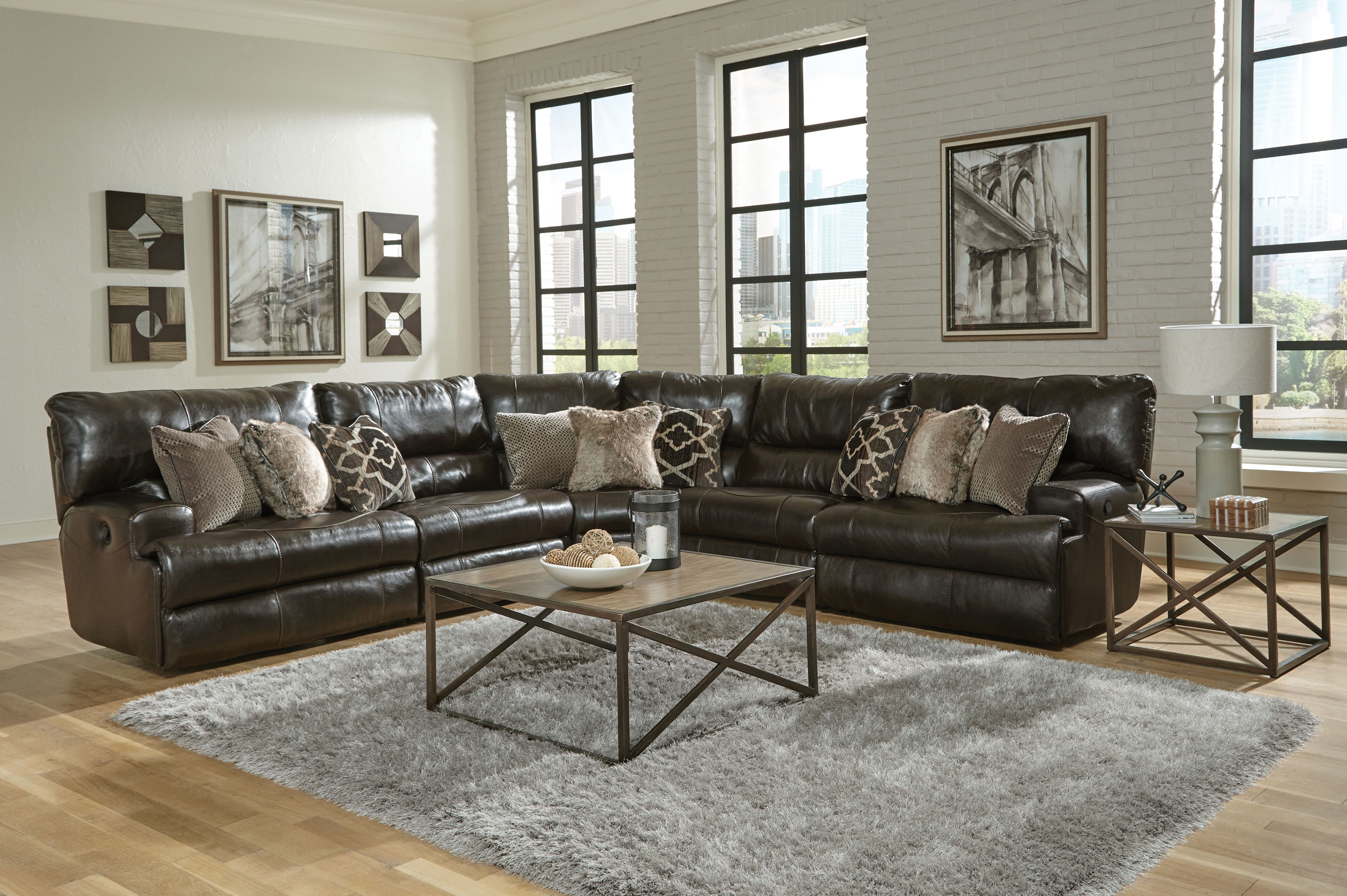 5 Pc · Italian Leather Match Manual Reclining Sectional With 2 Reclining Seats