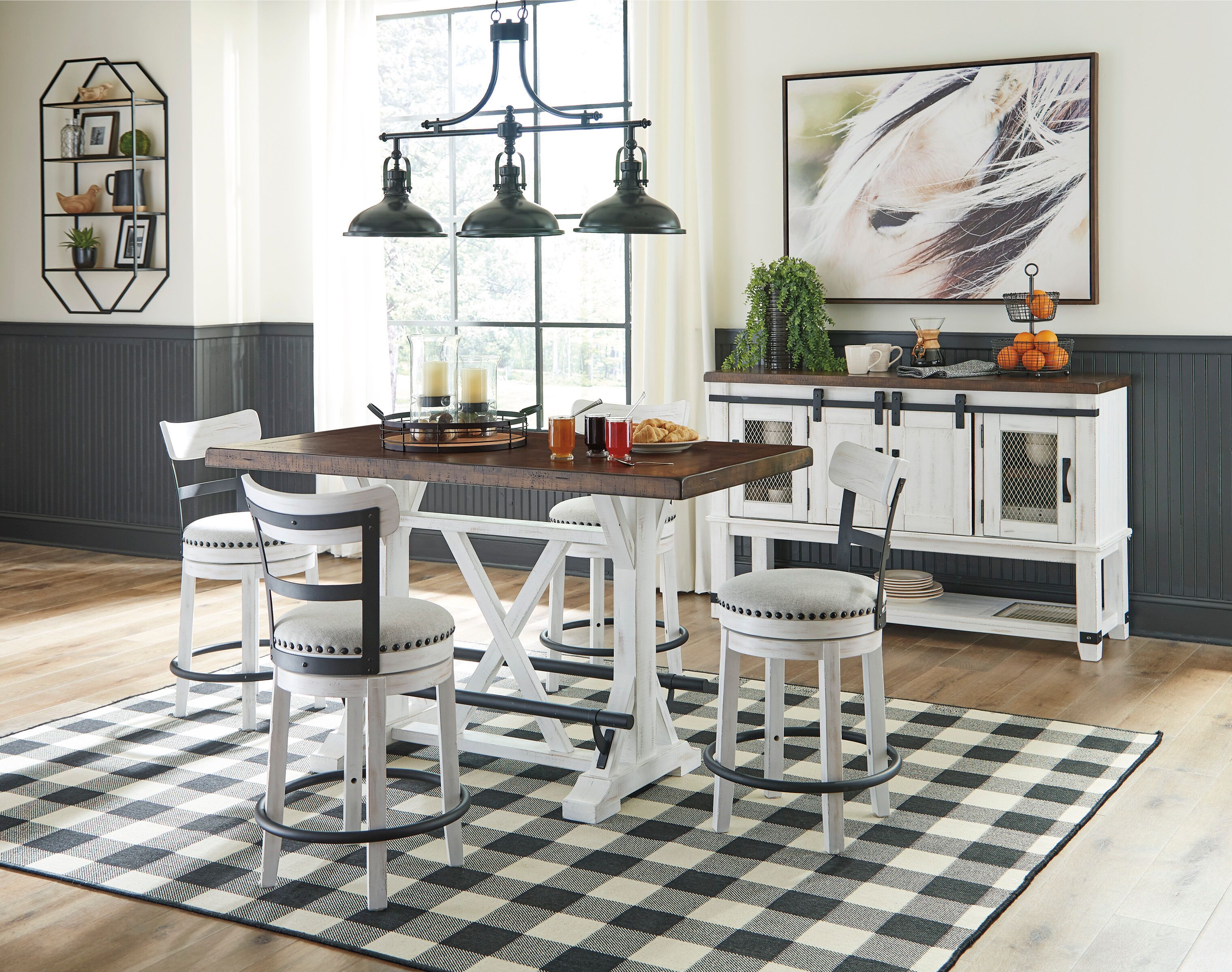Valebeck - 6 Pc. - Counter Table, 4 Swivel Barstools, Server - White