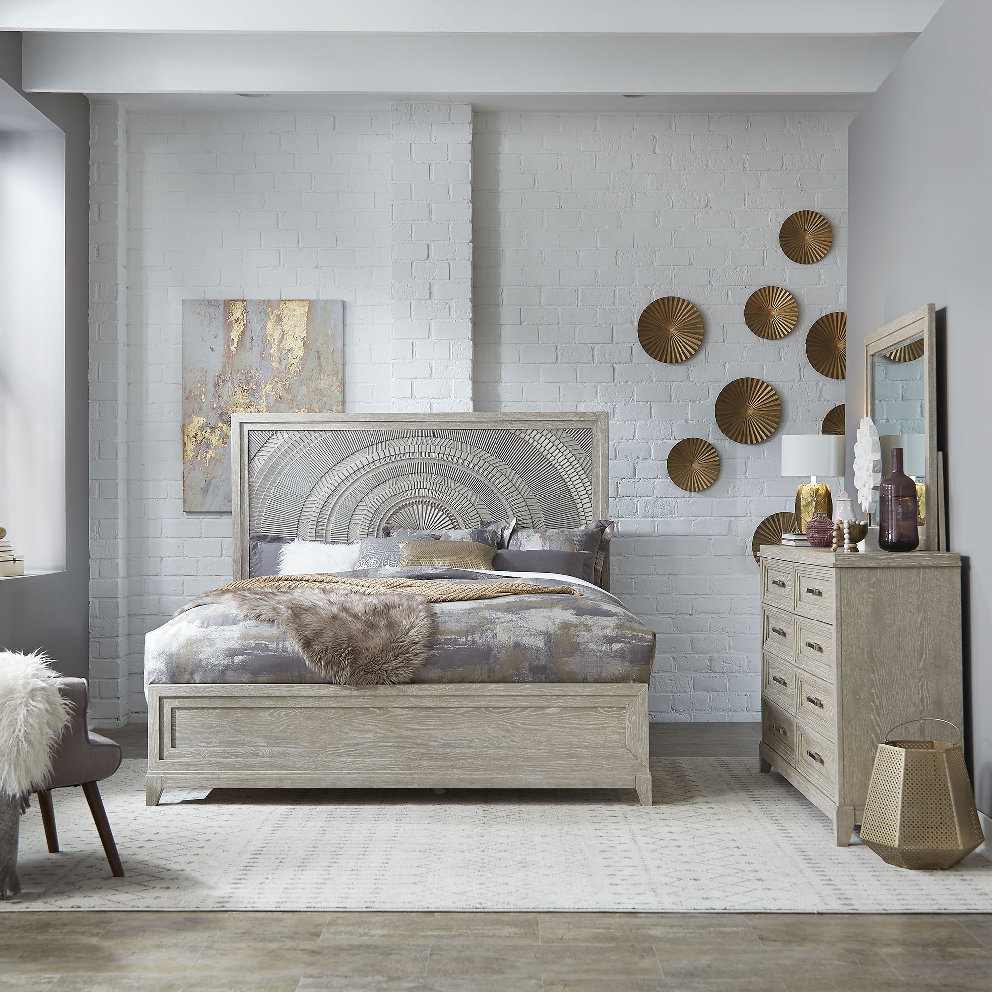 Liberty Furniture Belmar - 3 Piece Bedroom Set (King Panel Bed, Dresser & Mirror) - Washed Taupe