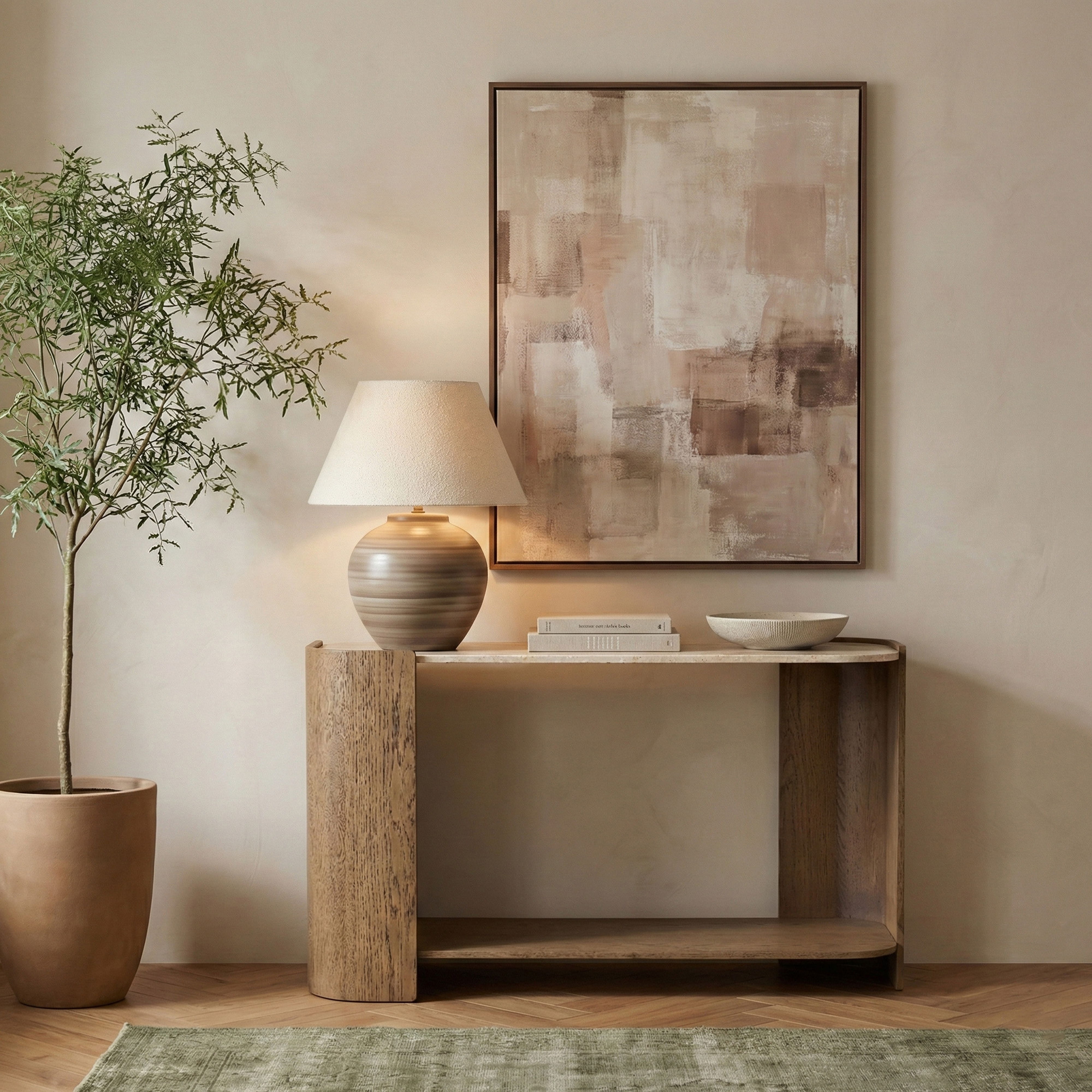 Calabria - Marble And Oak Wood Console Table - Beige / Brown