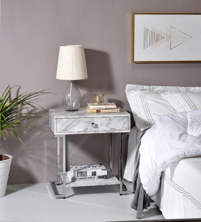 Wither - Accent Table - White Printed Faux Marble & Chrome, white, view 4