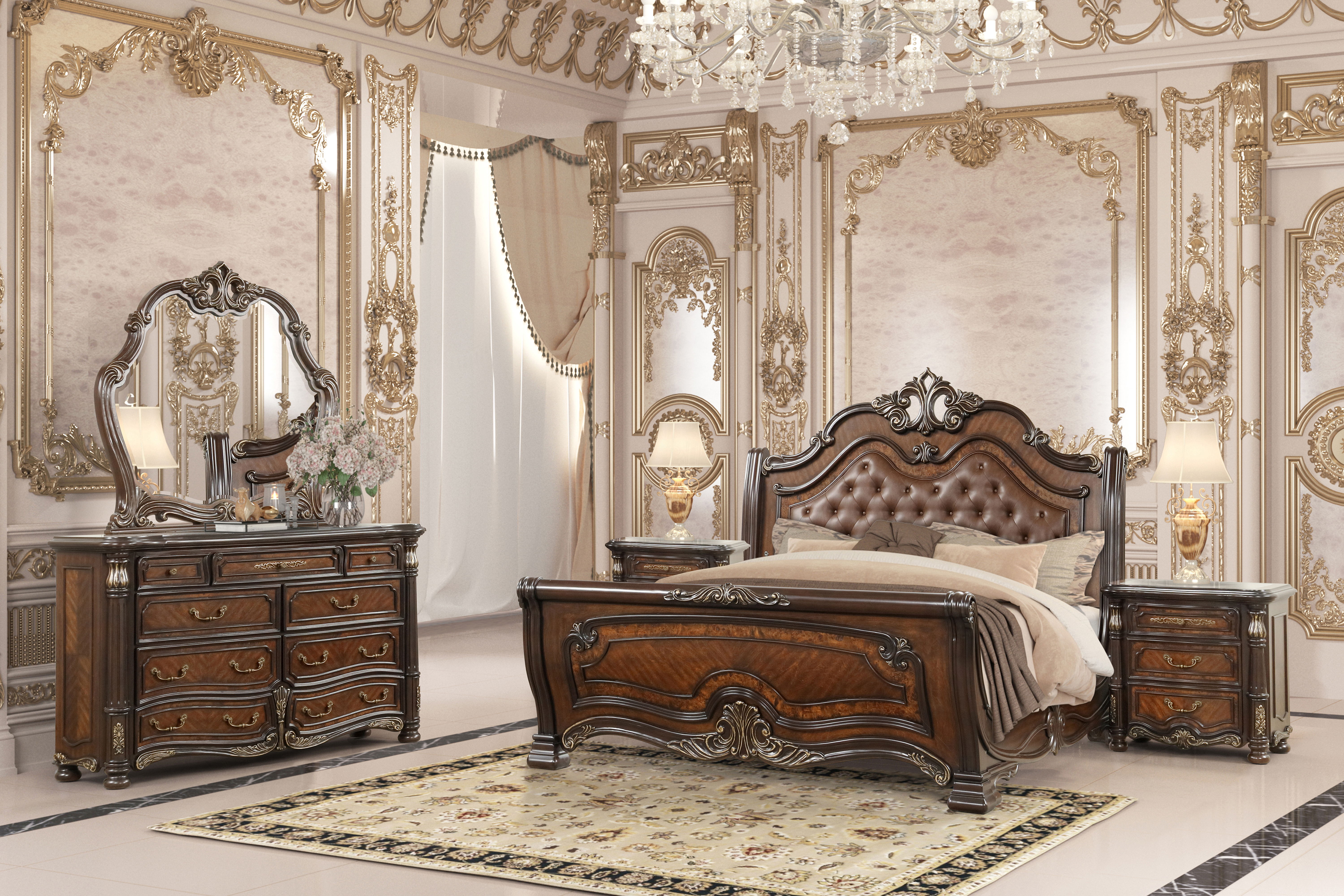 Bella Notte - Queen 5 Piece Bedroom Set (Padded Sleigh Bed, Dresser, Mirror, 2 Nightstands) - Cherry