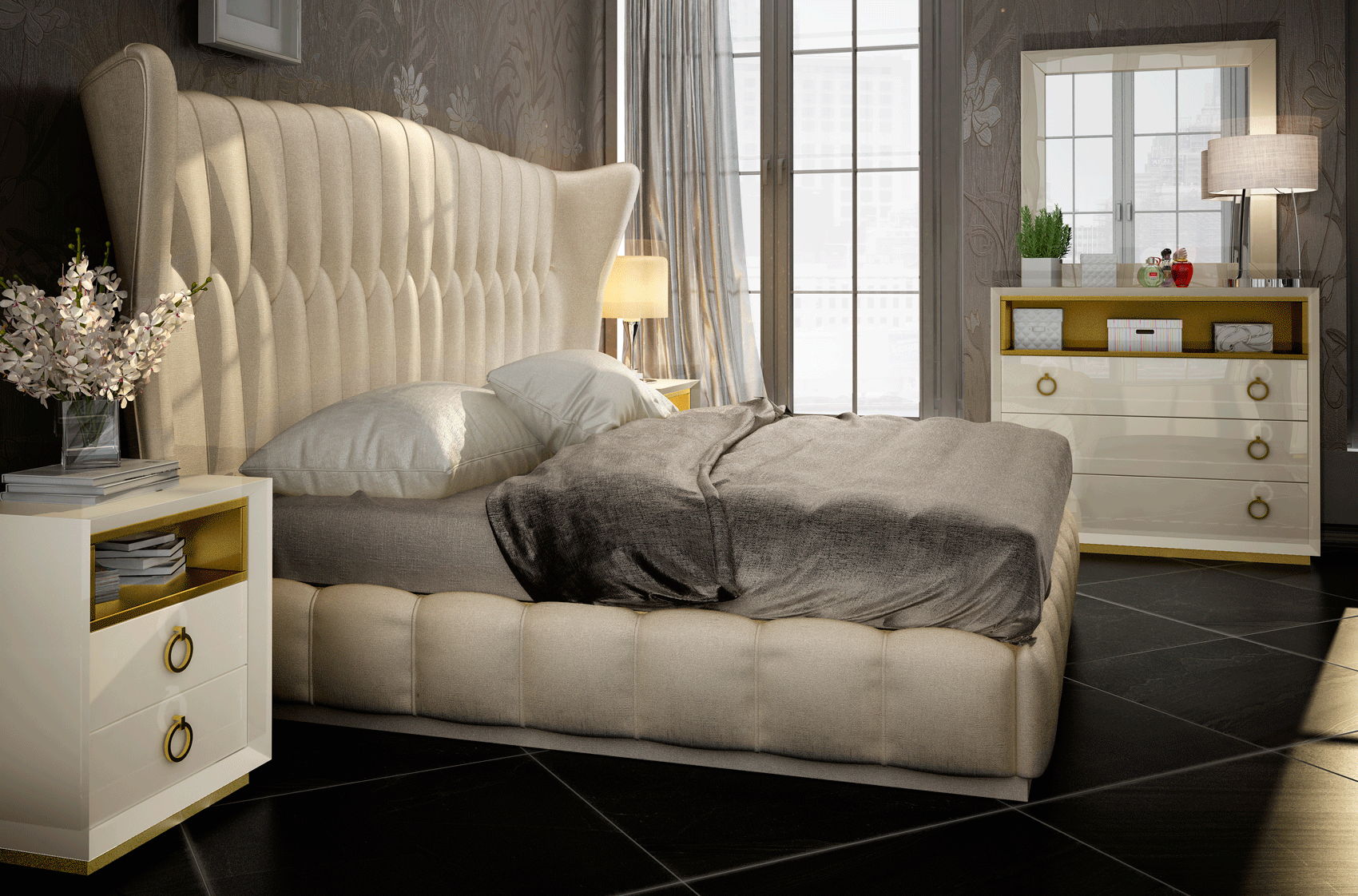 Velvet - Queen Size Bed - Beige