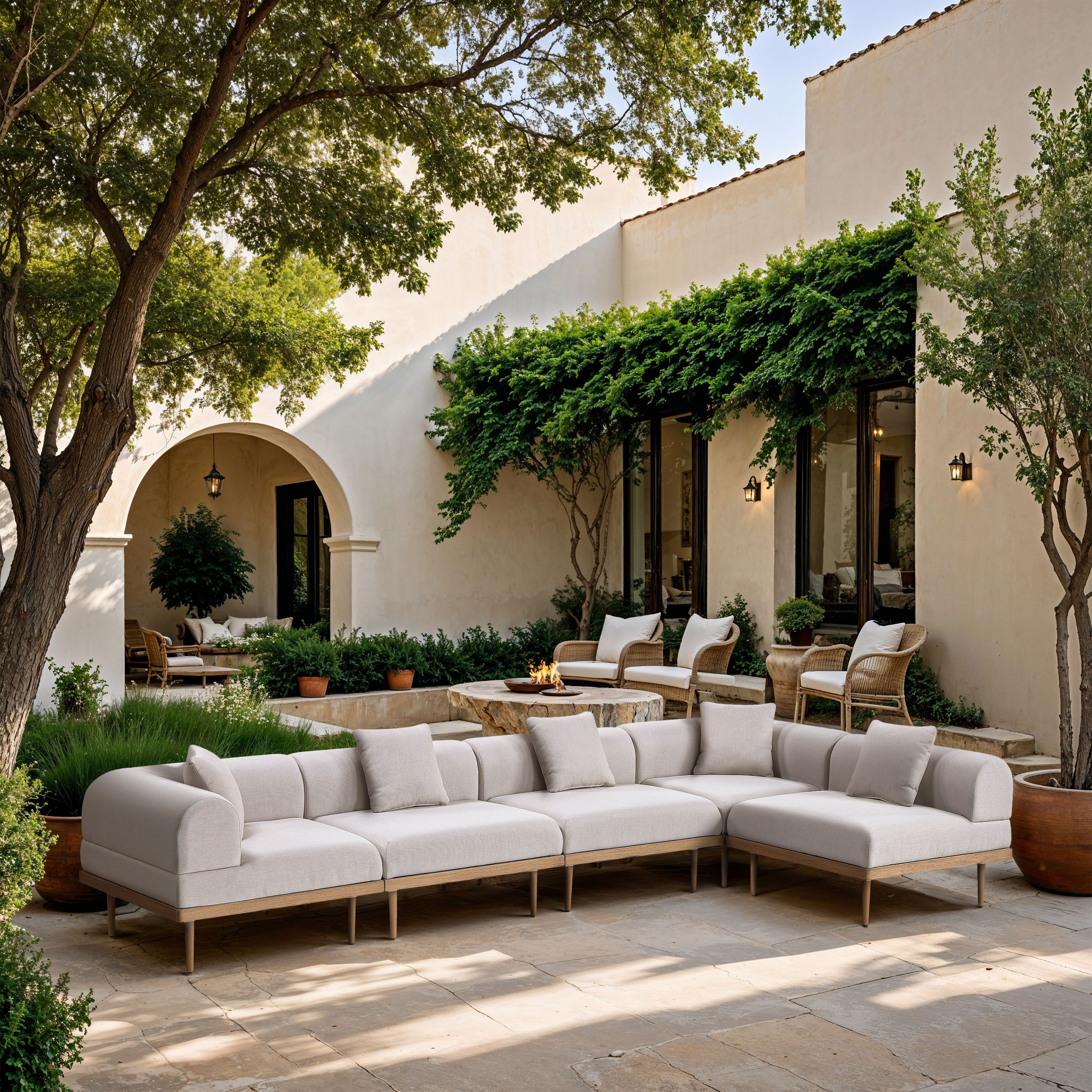 Laguna - 5 Piece Resilient Water Resistant Fabric 142" Upholstered Outdoor Patio Modular Sectional - Beige