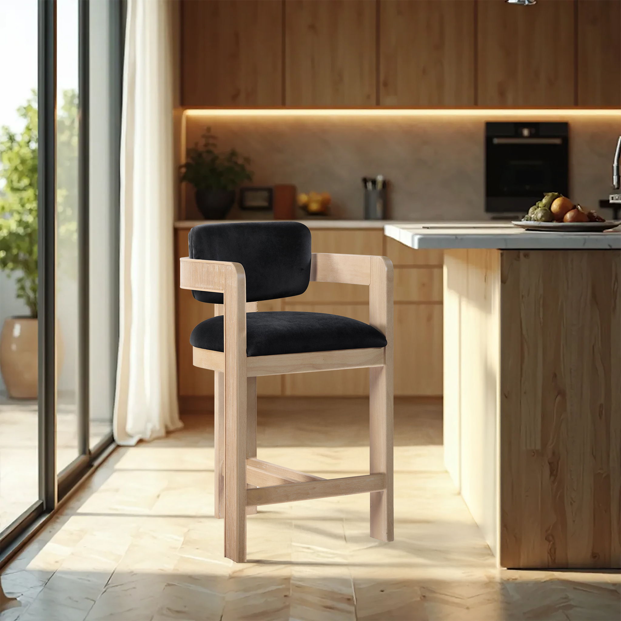 Sacha - Velvet Stool With Natural Base - Black
