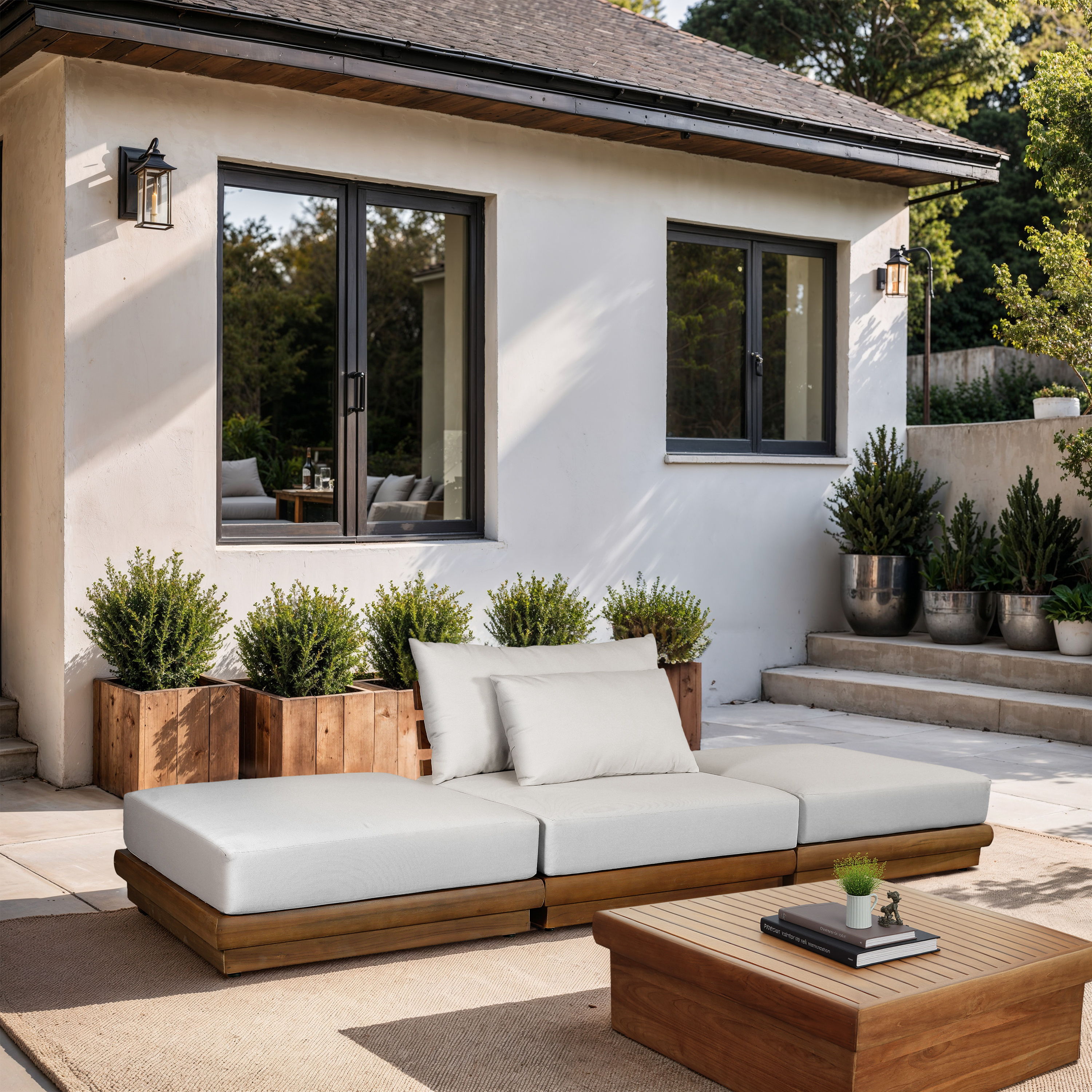 Mirella - 3 Piece Water Resistant Fabric Upholstered Outdoor Patio Modular Sofa - Off-White