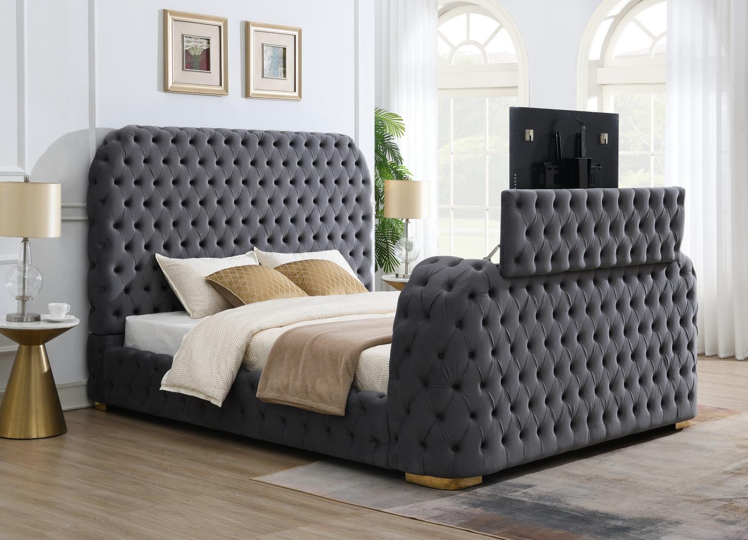 B541 - Velvet King Bed With Fireplace, TV Mount & Bluetooth Speaker & USB, with Type-C Ports - Dark Gray