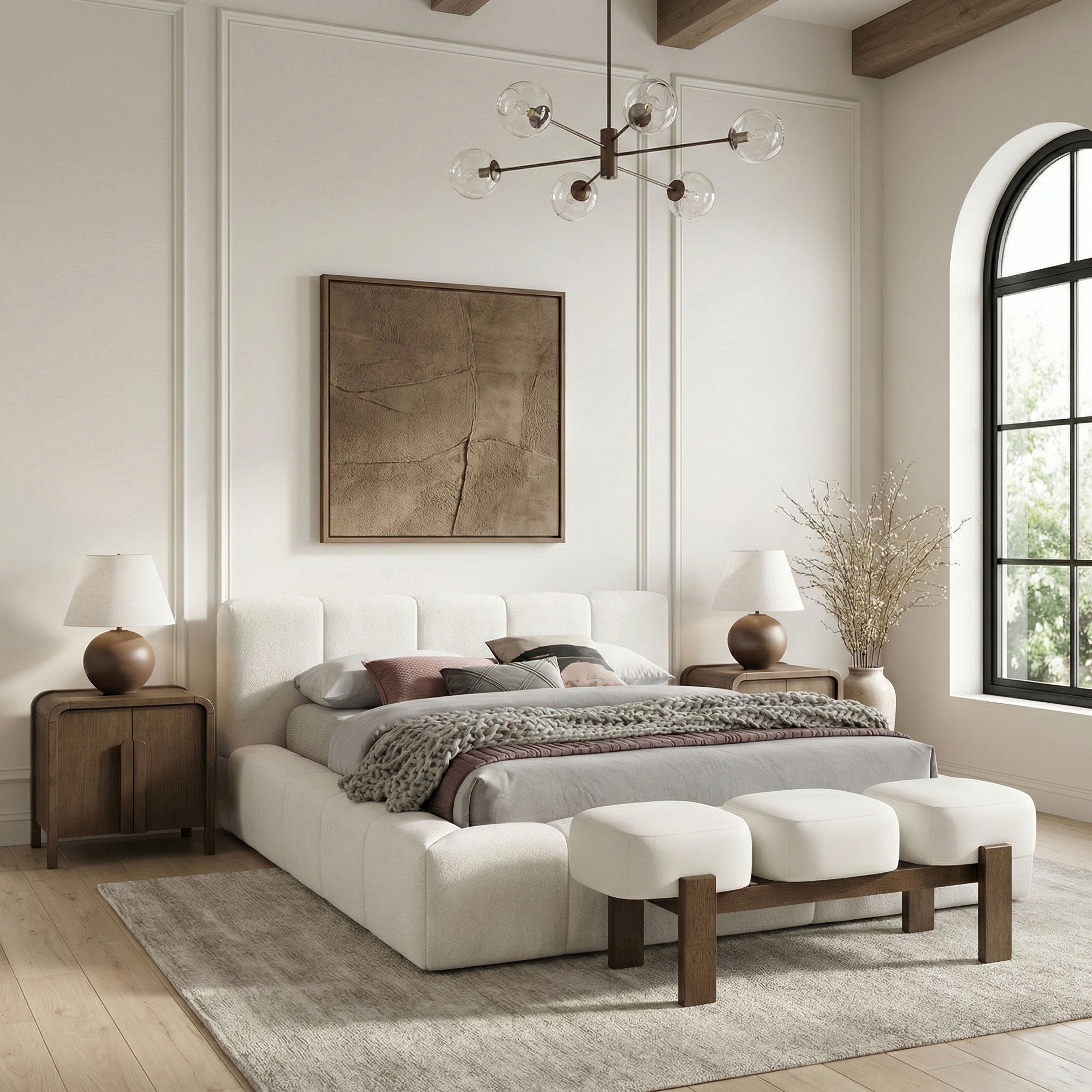 Woodcrest - Vegan Leather Upholstered Bench - Cream / Painted Brown Walnut