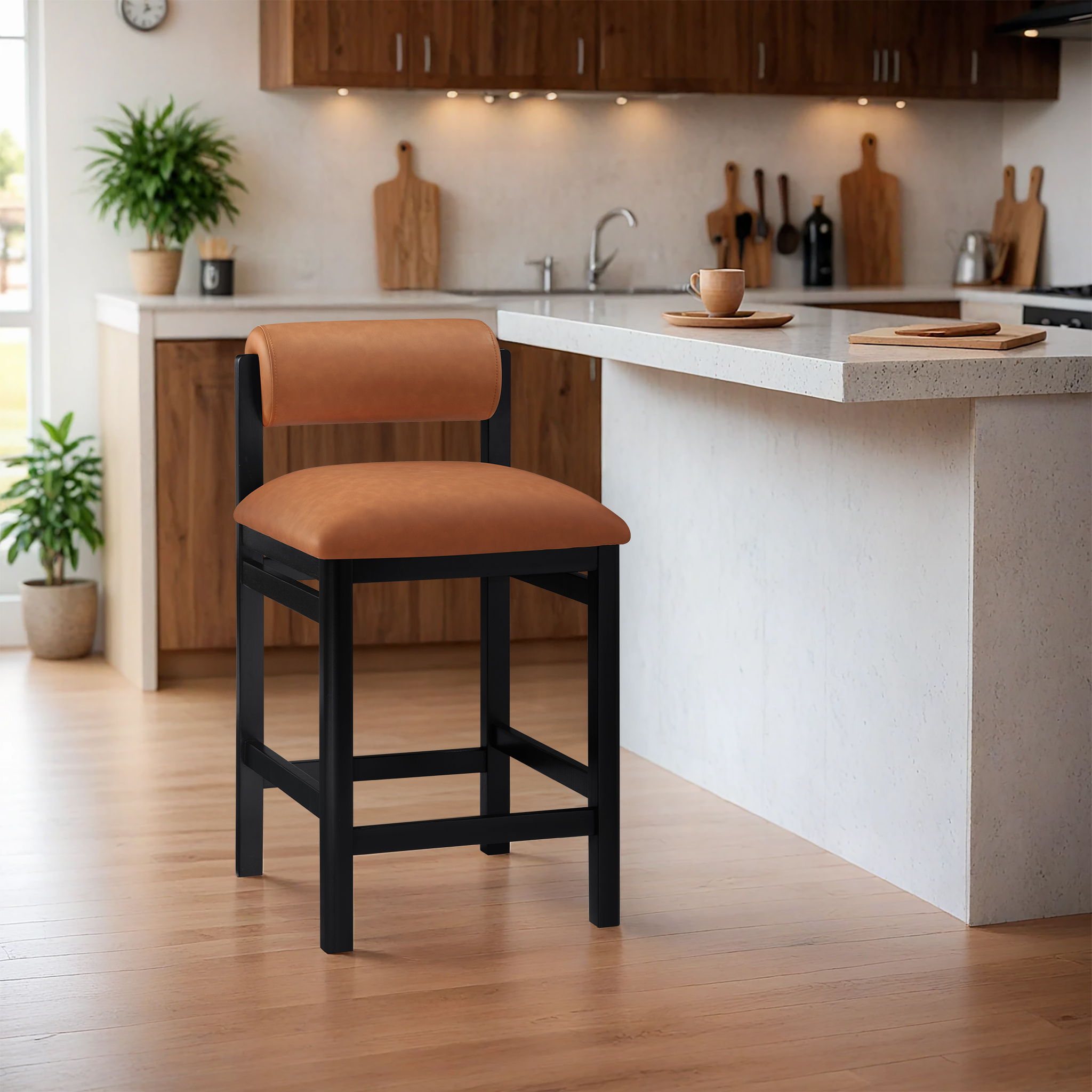 Roundhill - Vegan Leather Upholstered Counter Stool - Cognac