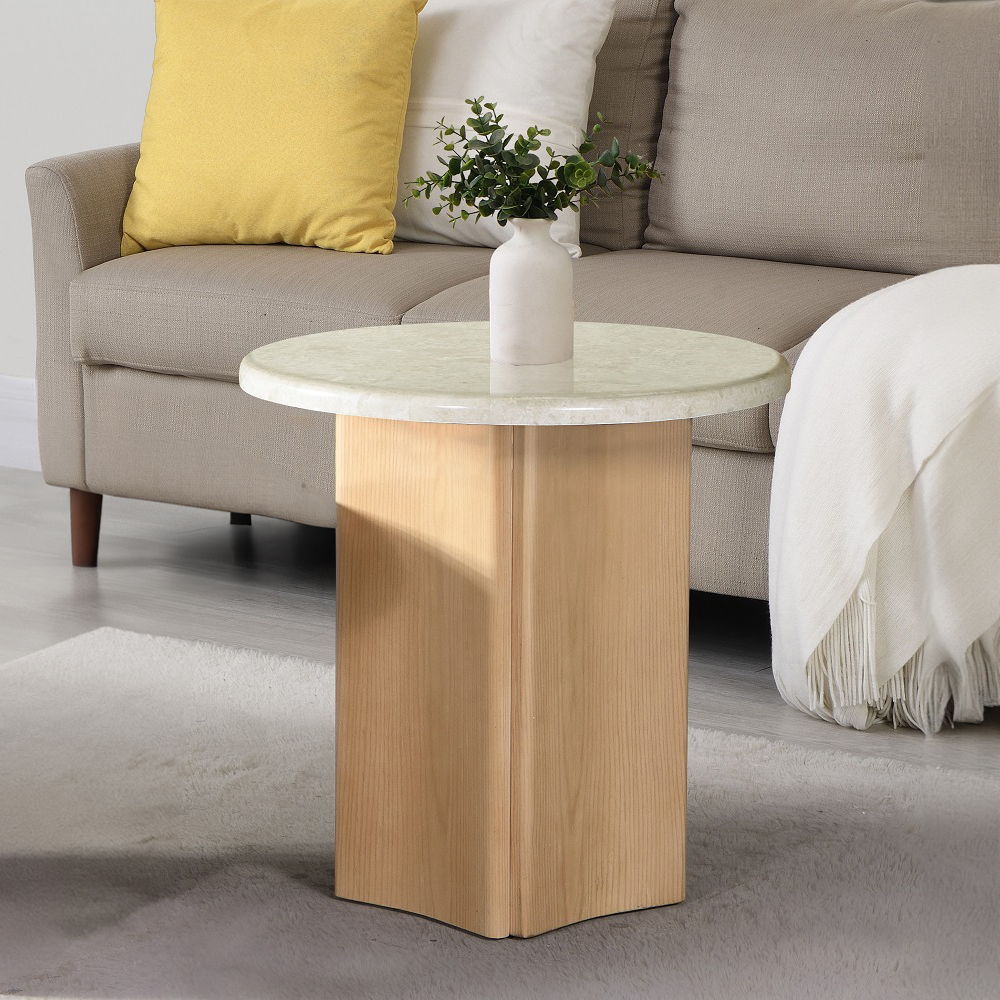 Qwin - End Table With Marble Top - Marble Top & Oak, white
