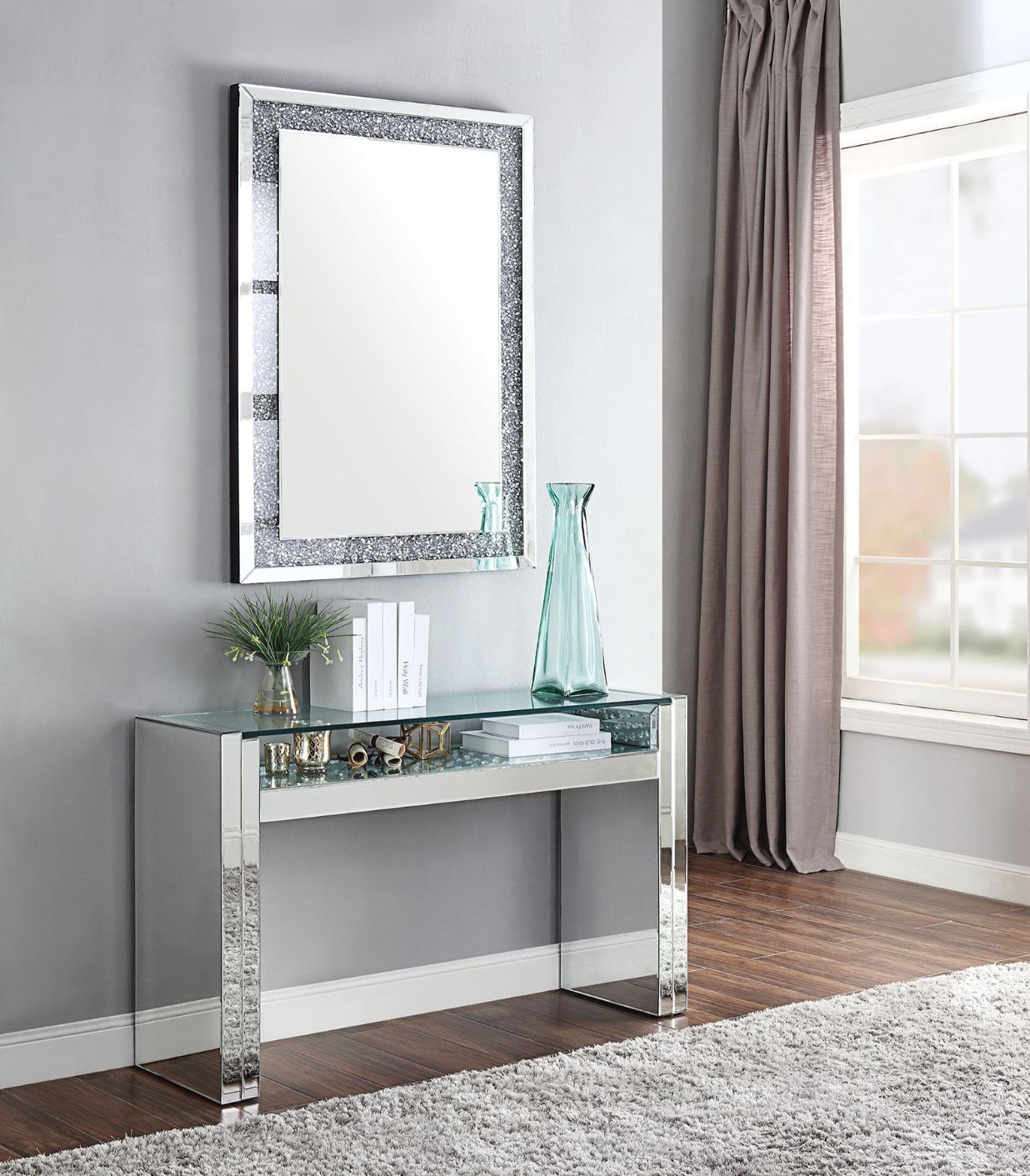 Nysa - Sofa Table - Mirrored & Faux Crystals, silver