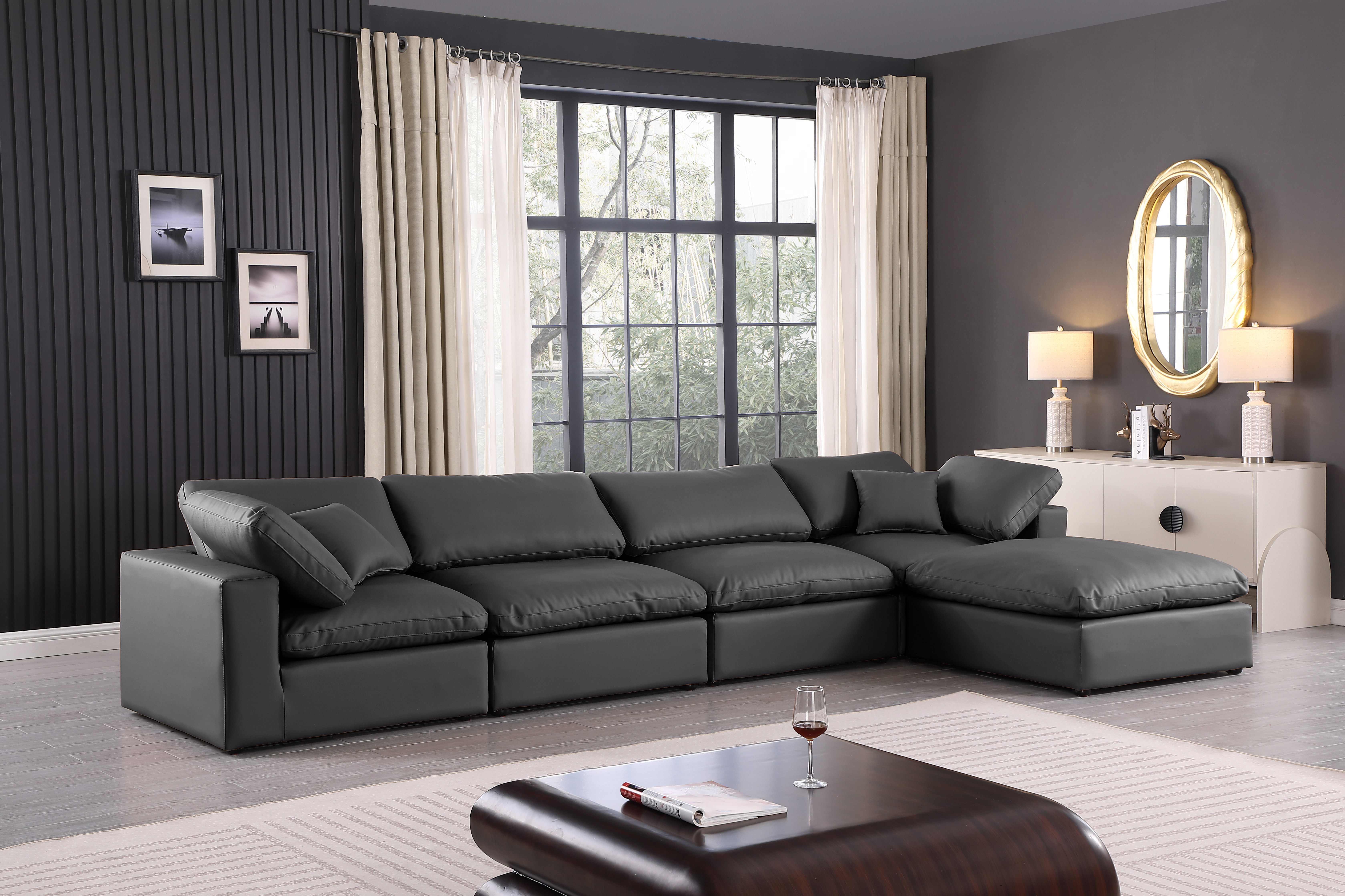 Comfy - 5 Piece Faux Leather Modular Sectional With Chaise - Charcoal