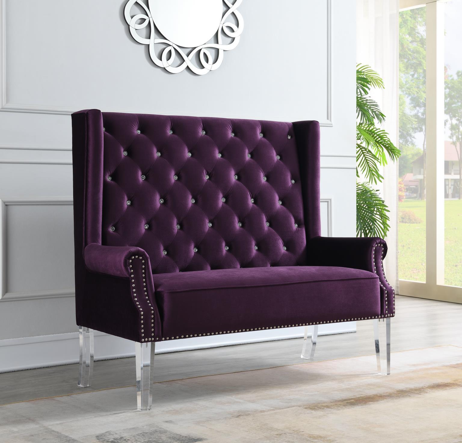 D2095 - High Back Velvet Wing Bench With Acrylic Legs - Purple