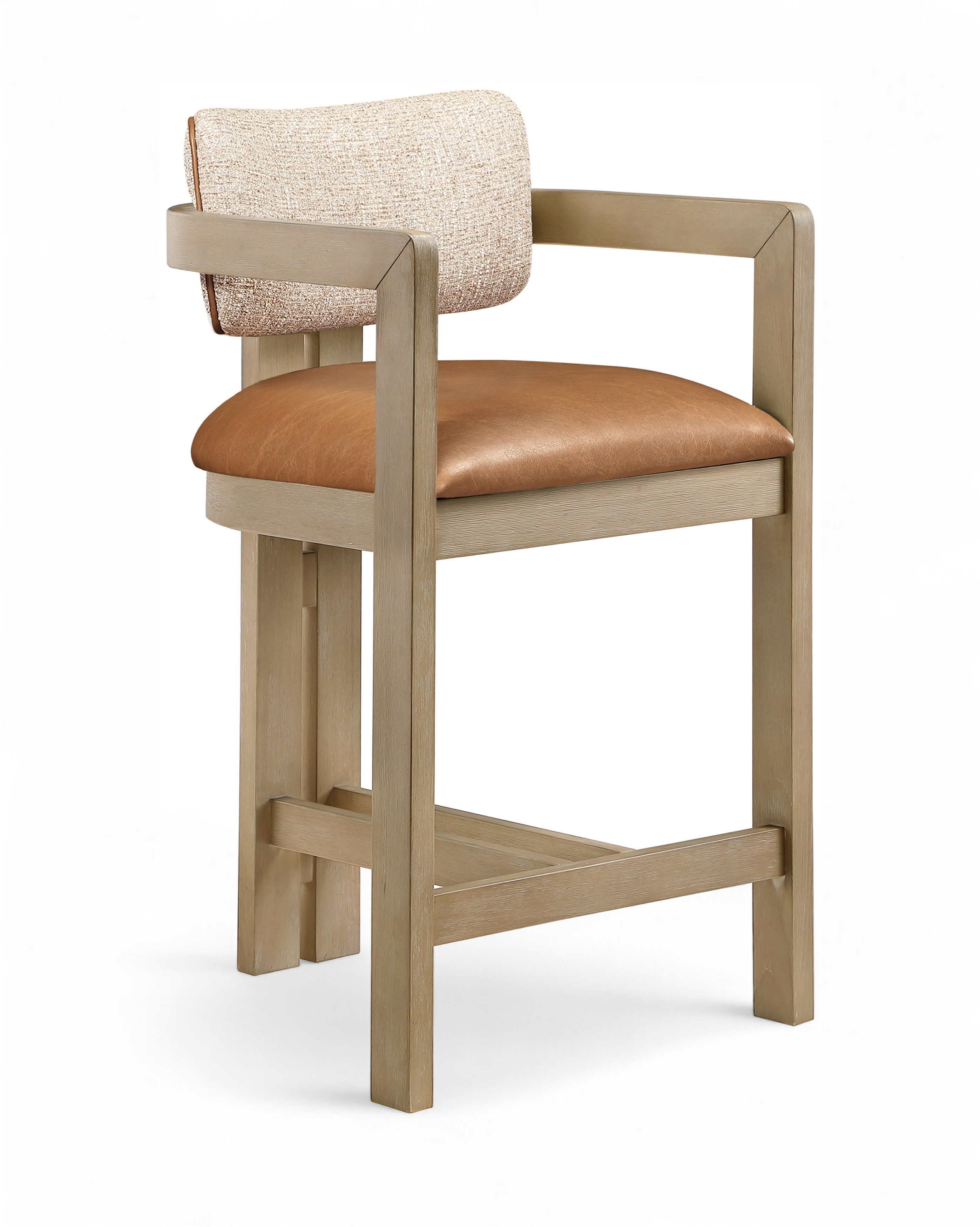 Ravina - Vegan Leather and Linen Textured Fabric Upholstered Counter Stool - Cognac / Stained Natural