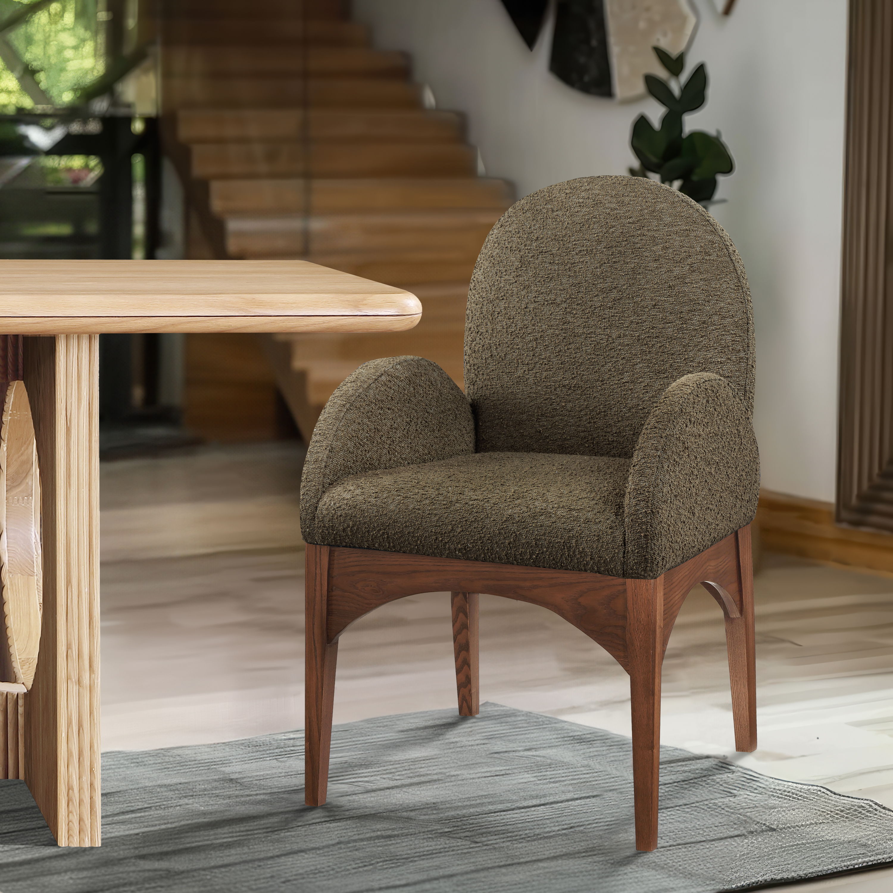 Waldorf - Boucle Dining Arm Chair With Brown Legs - Olive