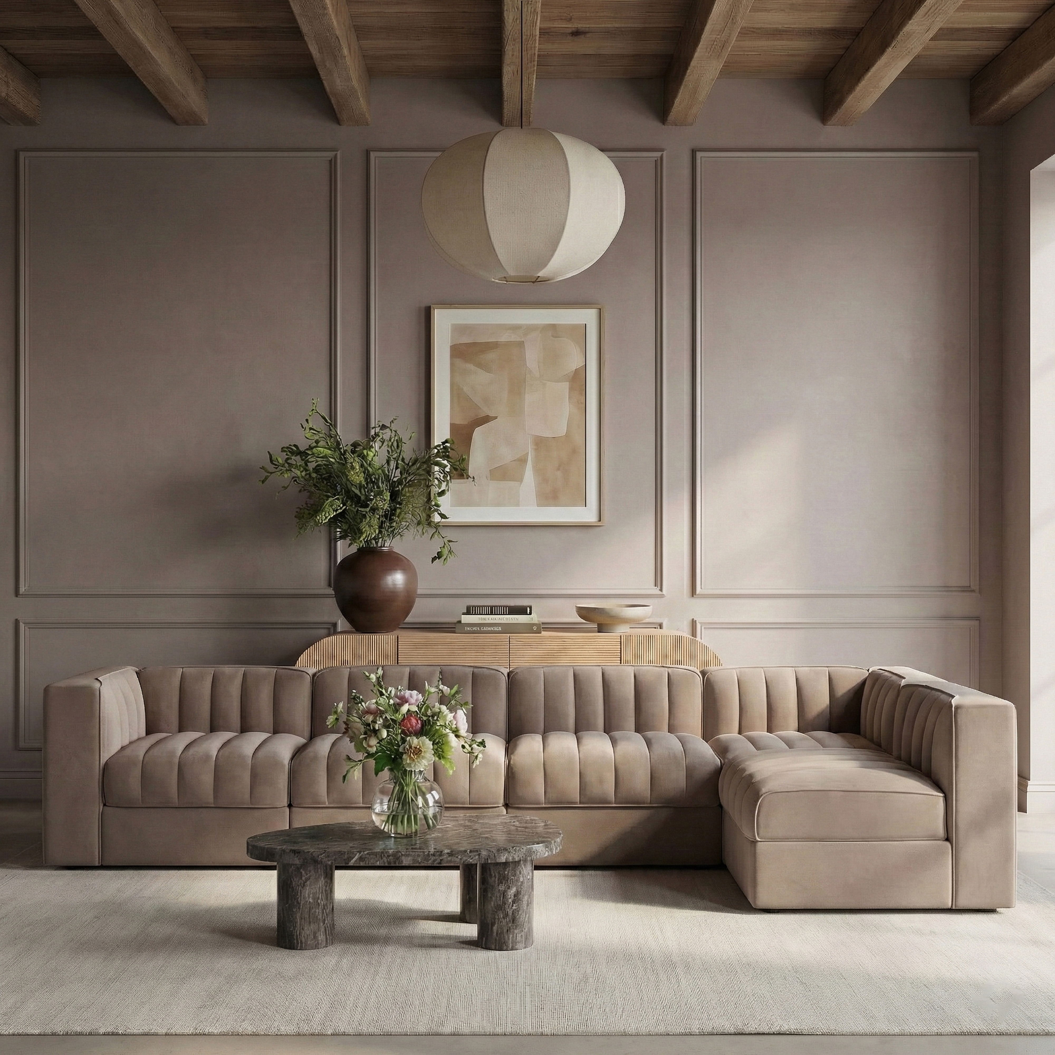Rummi - Velvet Performance Fabric Upholstered 5 Piece Modular Sectional, L-Shaped (Right) - Taupe
