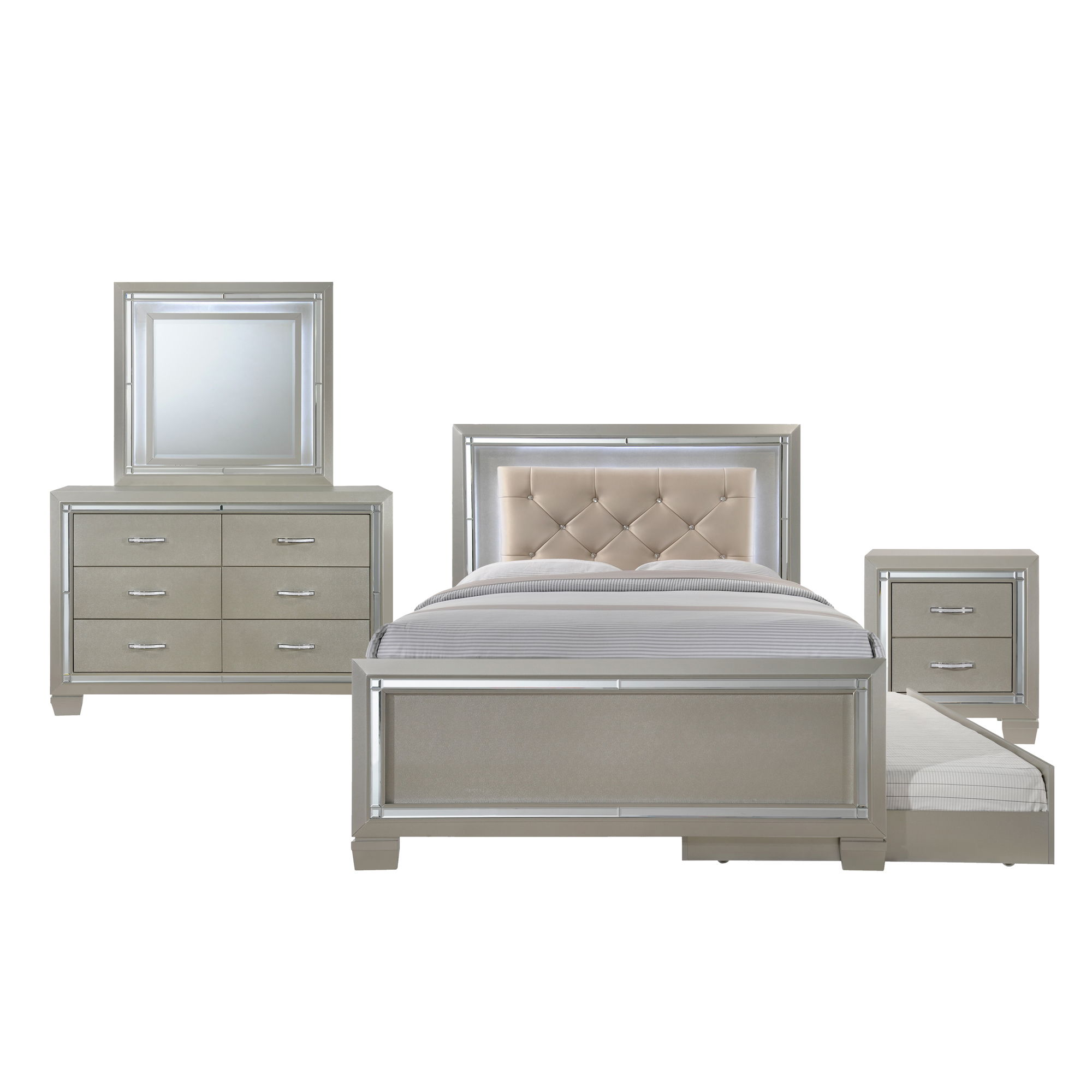Platinum - Youth Full Platform With Trundle 4 Piece Bedroom Set - Сhampagne
