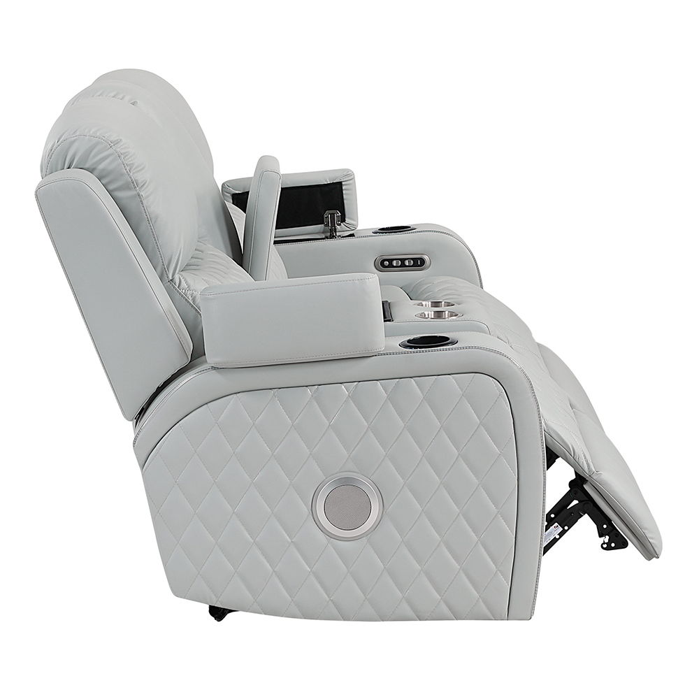 Elonzo - Power Motion Loveseat With Console, LED, Power Headrest & Speaker - Light Gray, light gray, view 3
