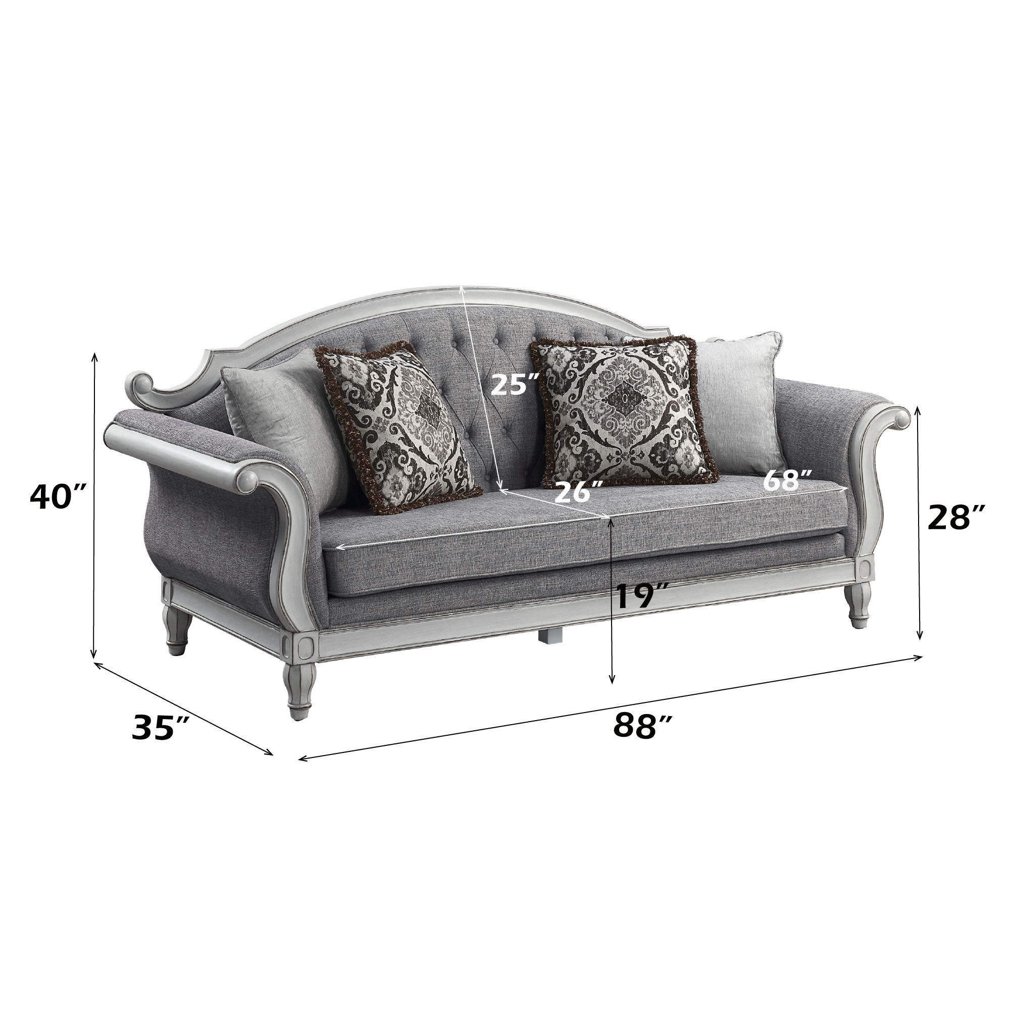 Florian - Sofa With 4 Pillows - Gray Fabric & Antique White, gray, view 7