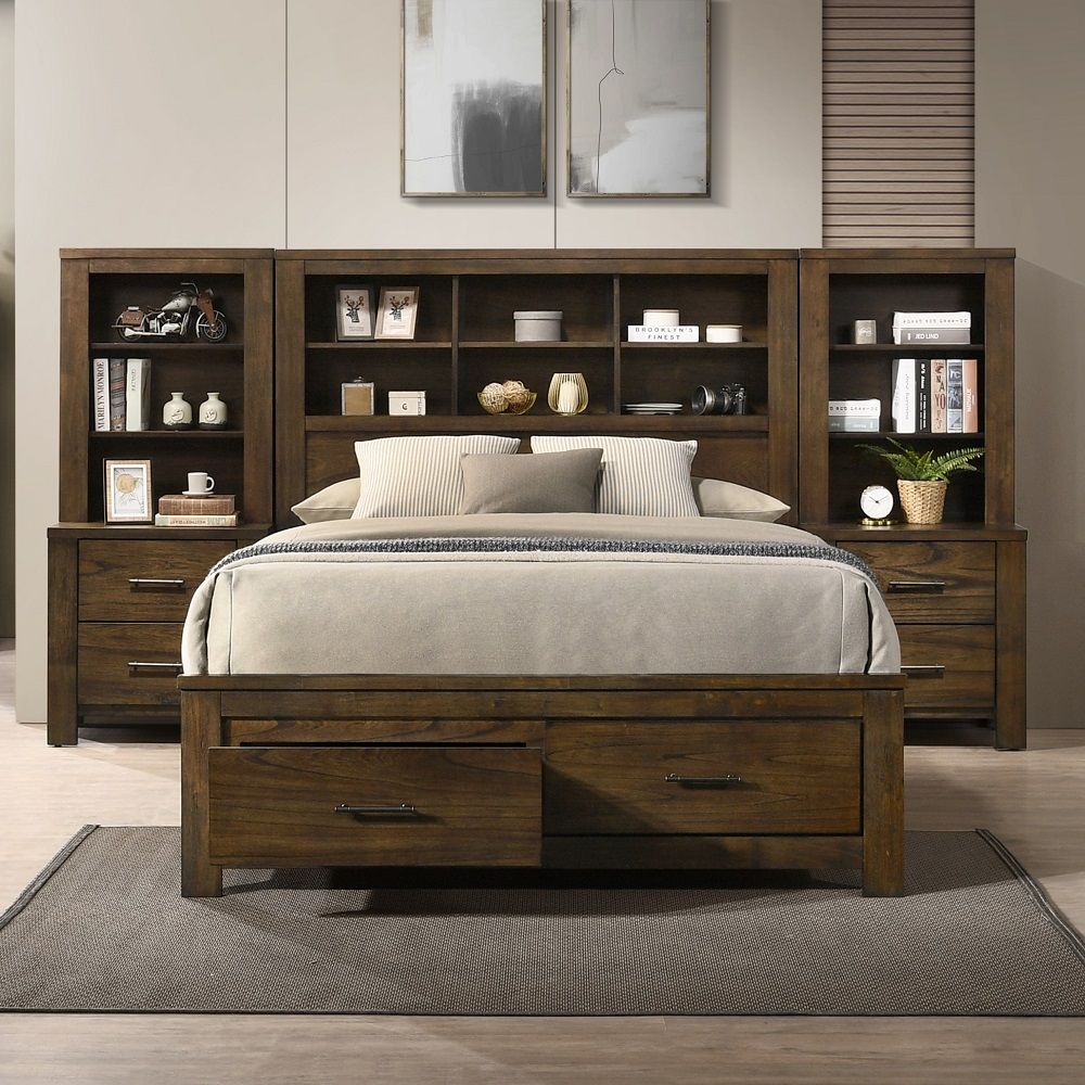 Merrilee II - Queen Bed With Storage - Oak, dark brown