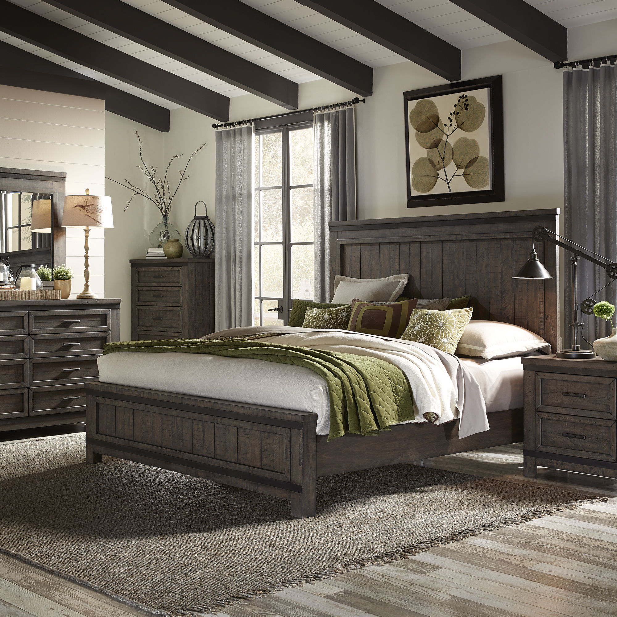 Liberty Furniture Thornwood Hills - 4 Piece Bedroom Set (King Panel Bed, Dresser & Mirror, Nightstand) - Dark Brown