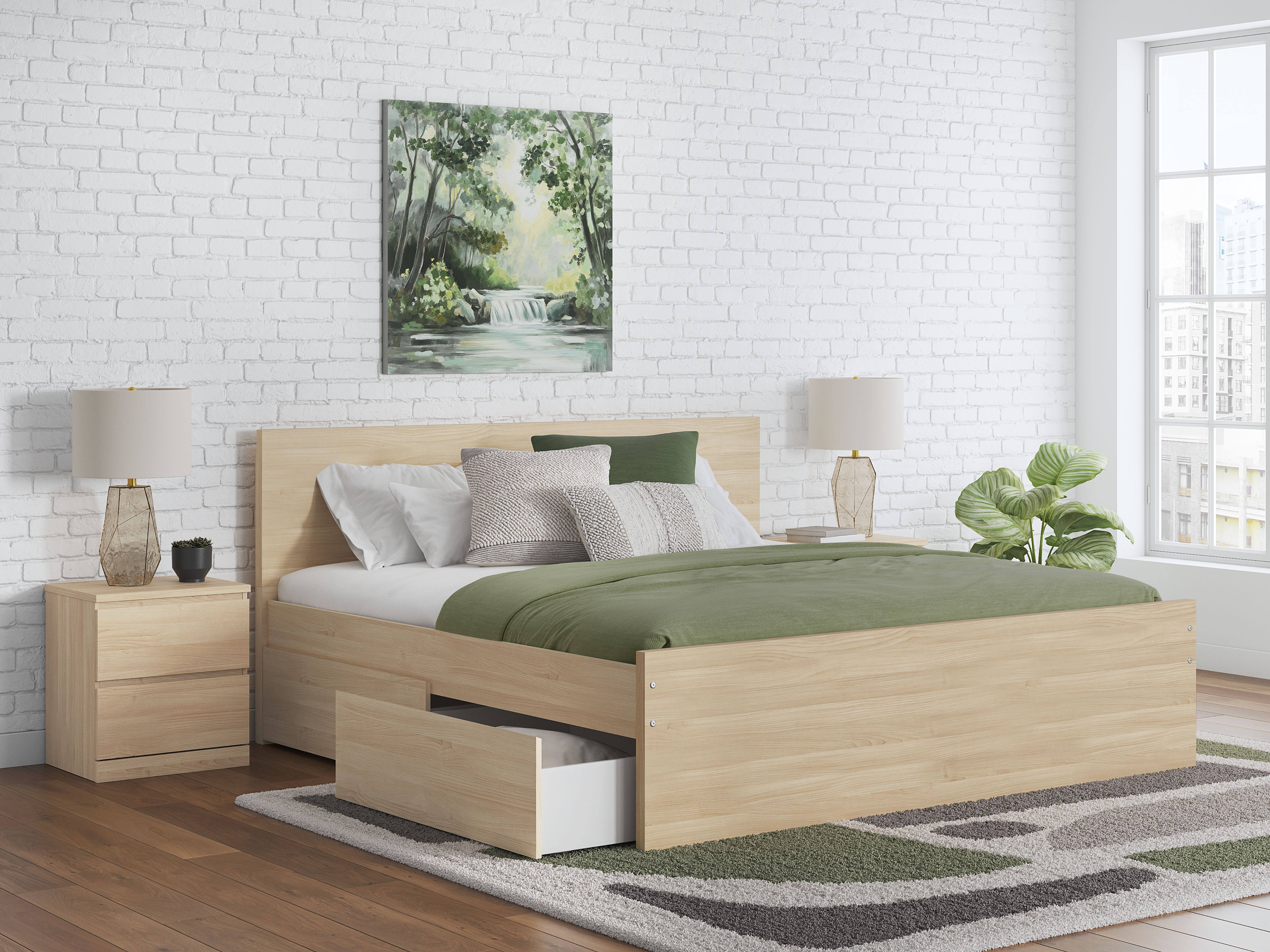 Onita - Queen Panel Platform Bed With 1 Side Storage - Natural