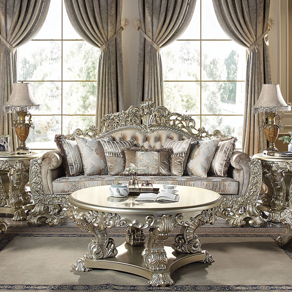 Sorina - Sofa With 7 Pillows - Velvet, Fabric & Antique Gold, beige