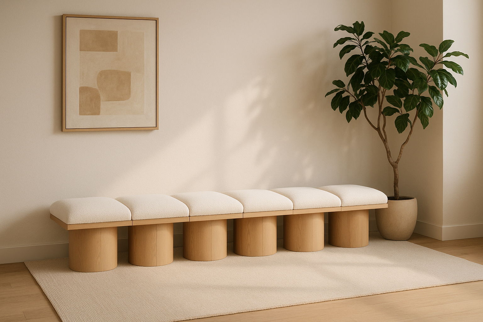 Pavilion - 108" 6 Piece Modular Bench With Natural Base - Cream