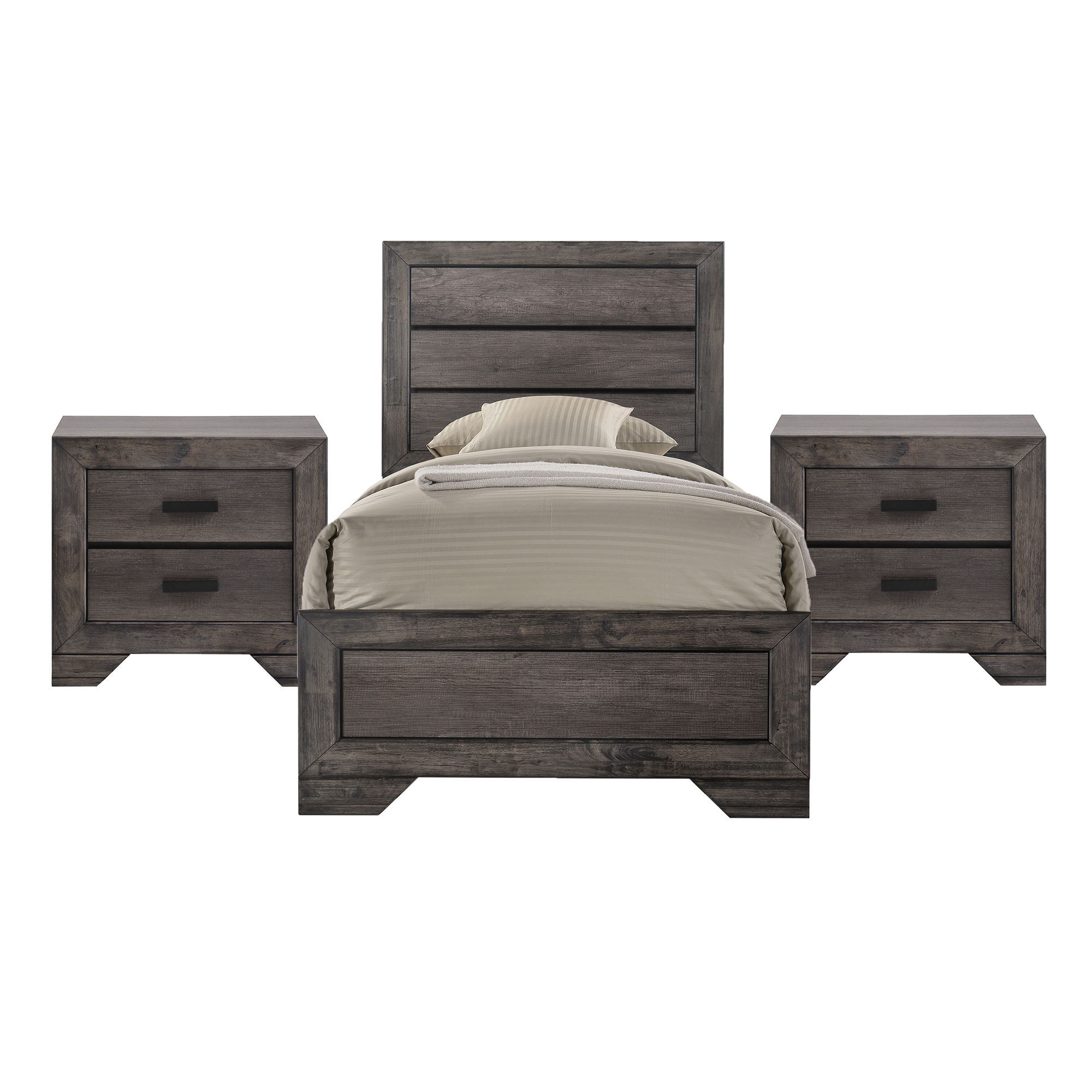 Nathan - Twin 3 Piece Bedroom Set With 2 Nightstands - Rustic Gray