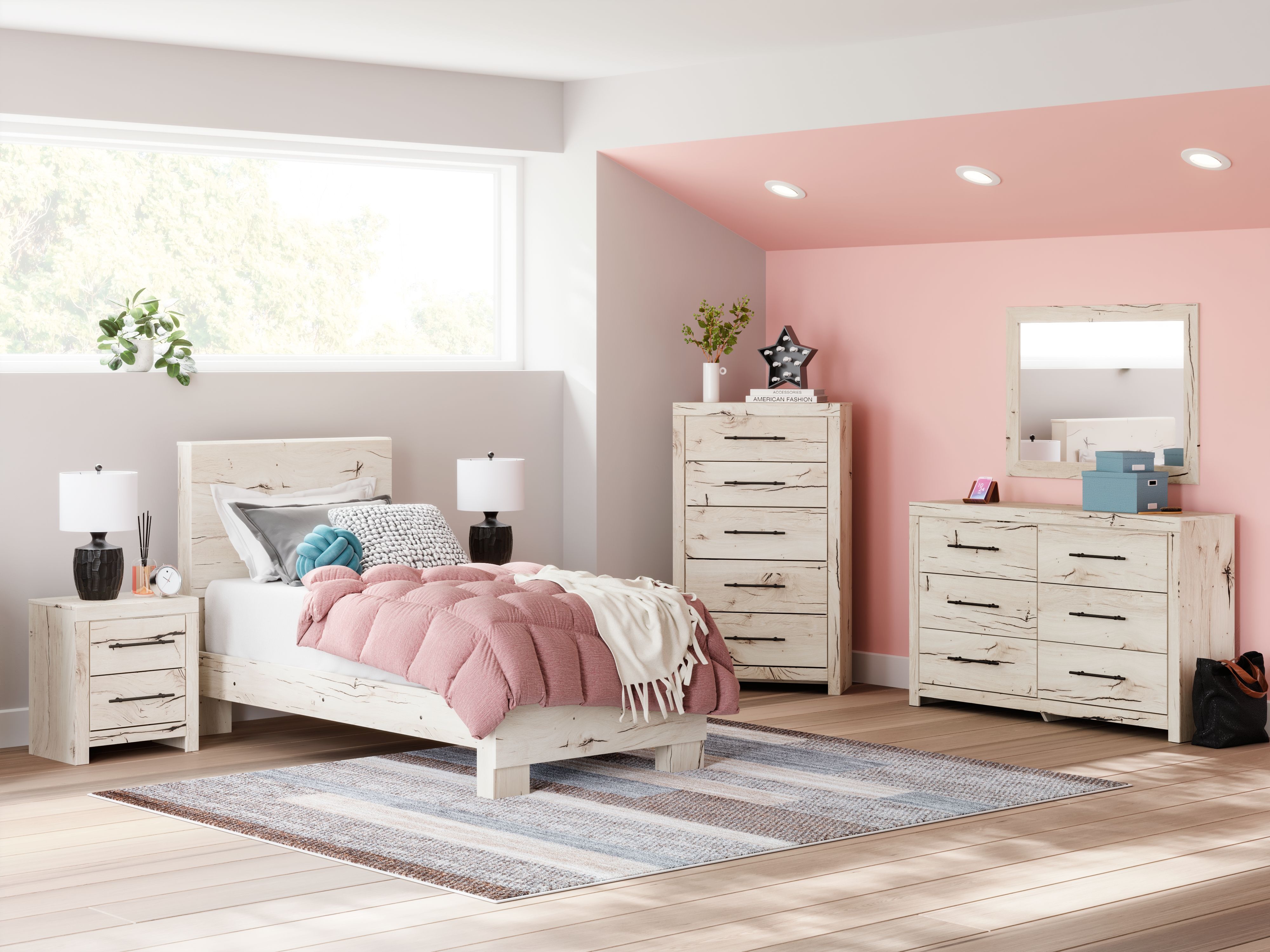 Ashley Lawroy - Light Natural - 5 Pc. - Dresser, Mirror, Twin Panel Bed